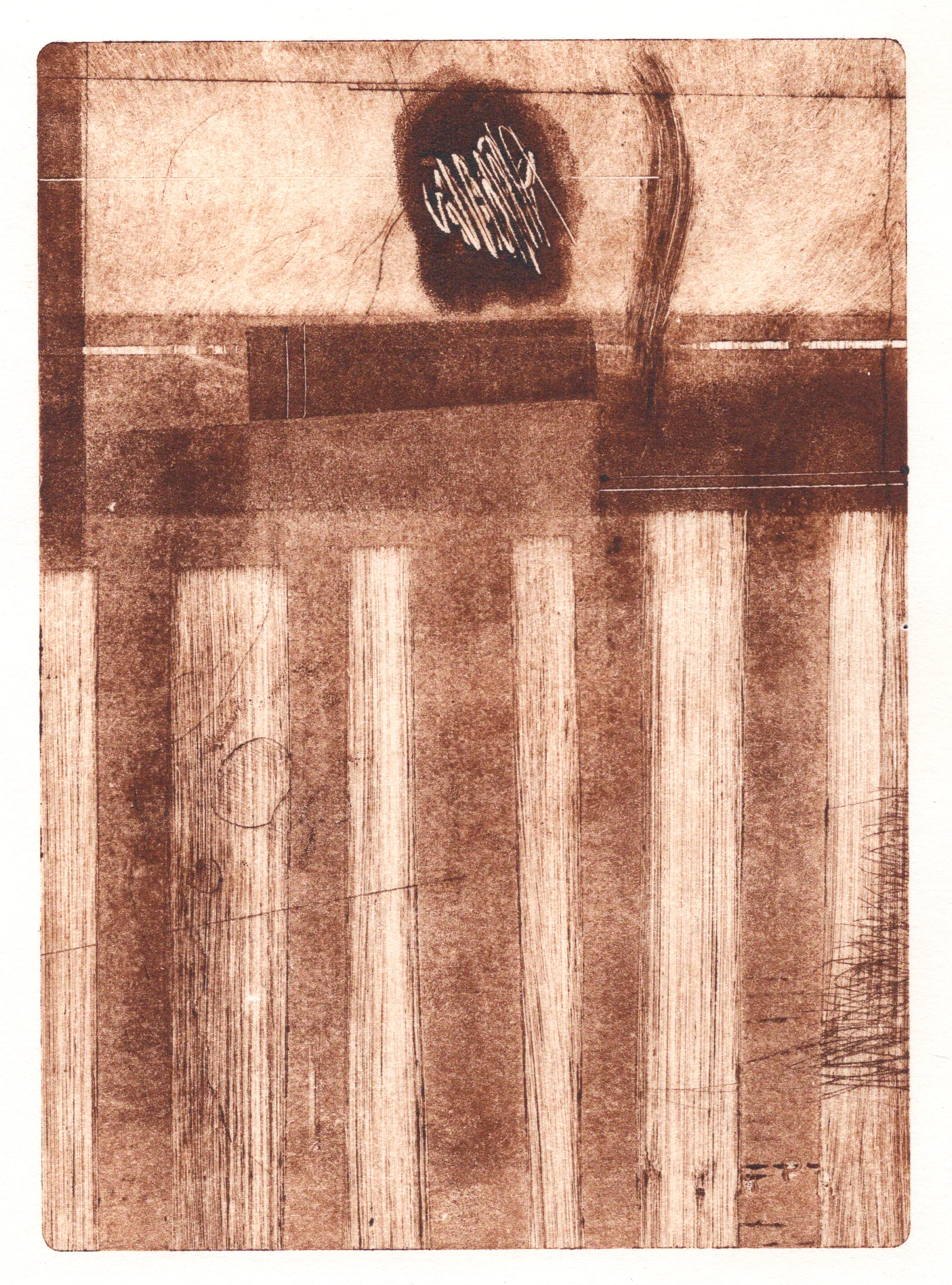  A monotype print by Clive Knights experimenting with umber ink on paper&nbsp; 