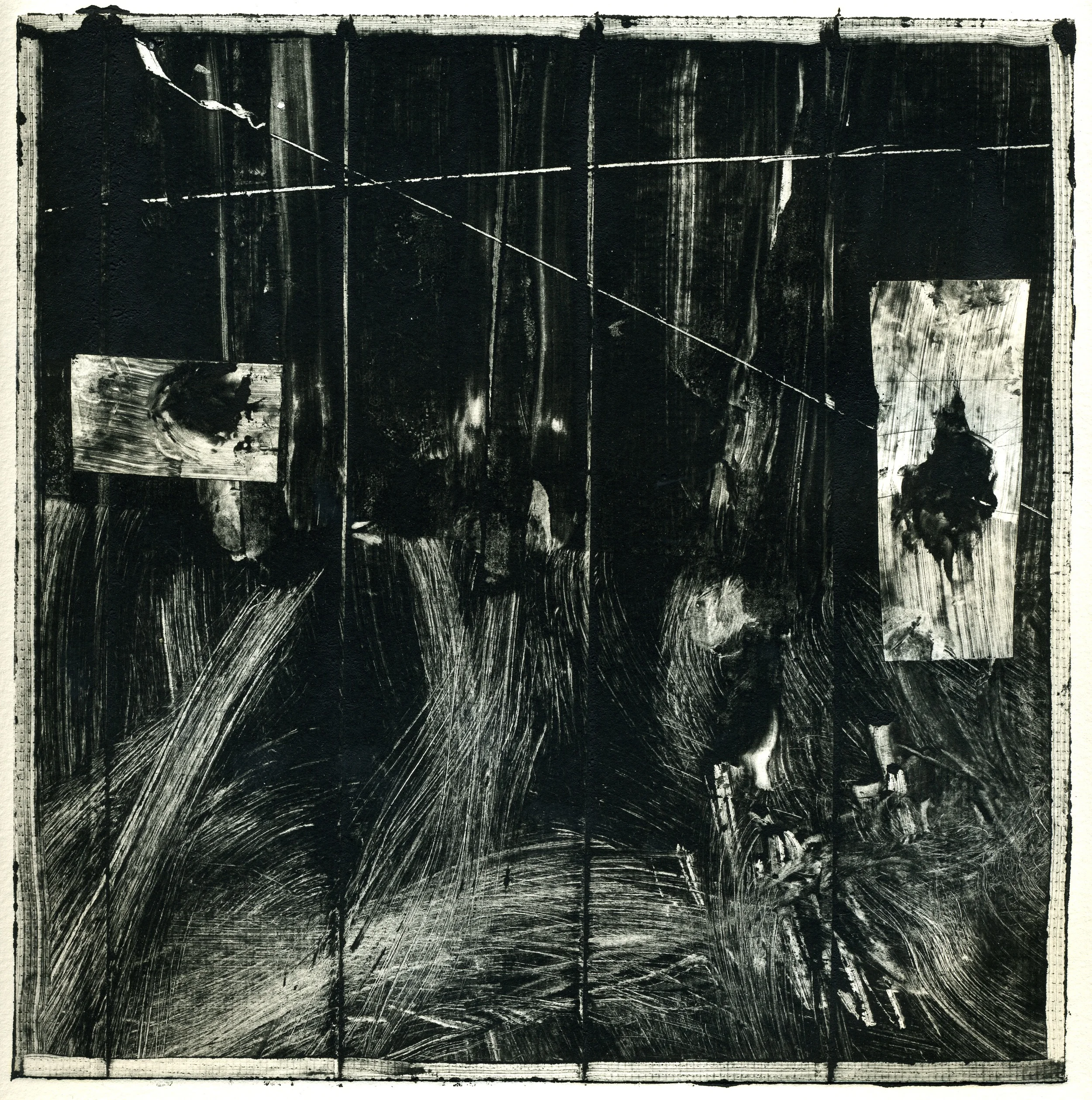  A monotype print by Clive Knights from his Lunigiana series studying his sabatacle in Lunigiana&nbsp; 