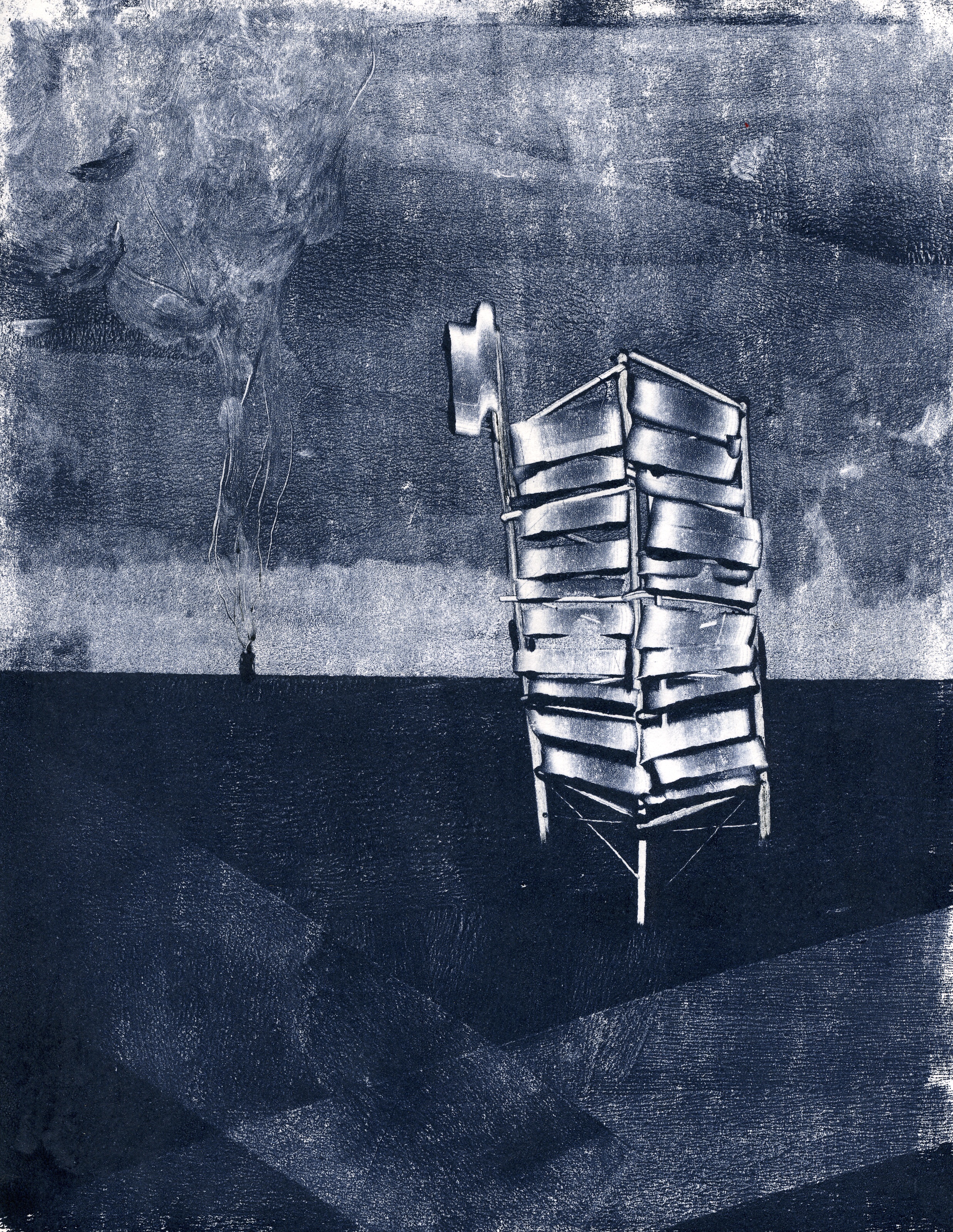  A monotype print by Clive Knights from his Tower series blue ink on paper 