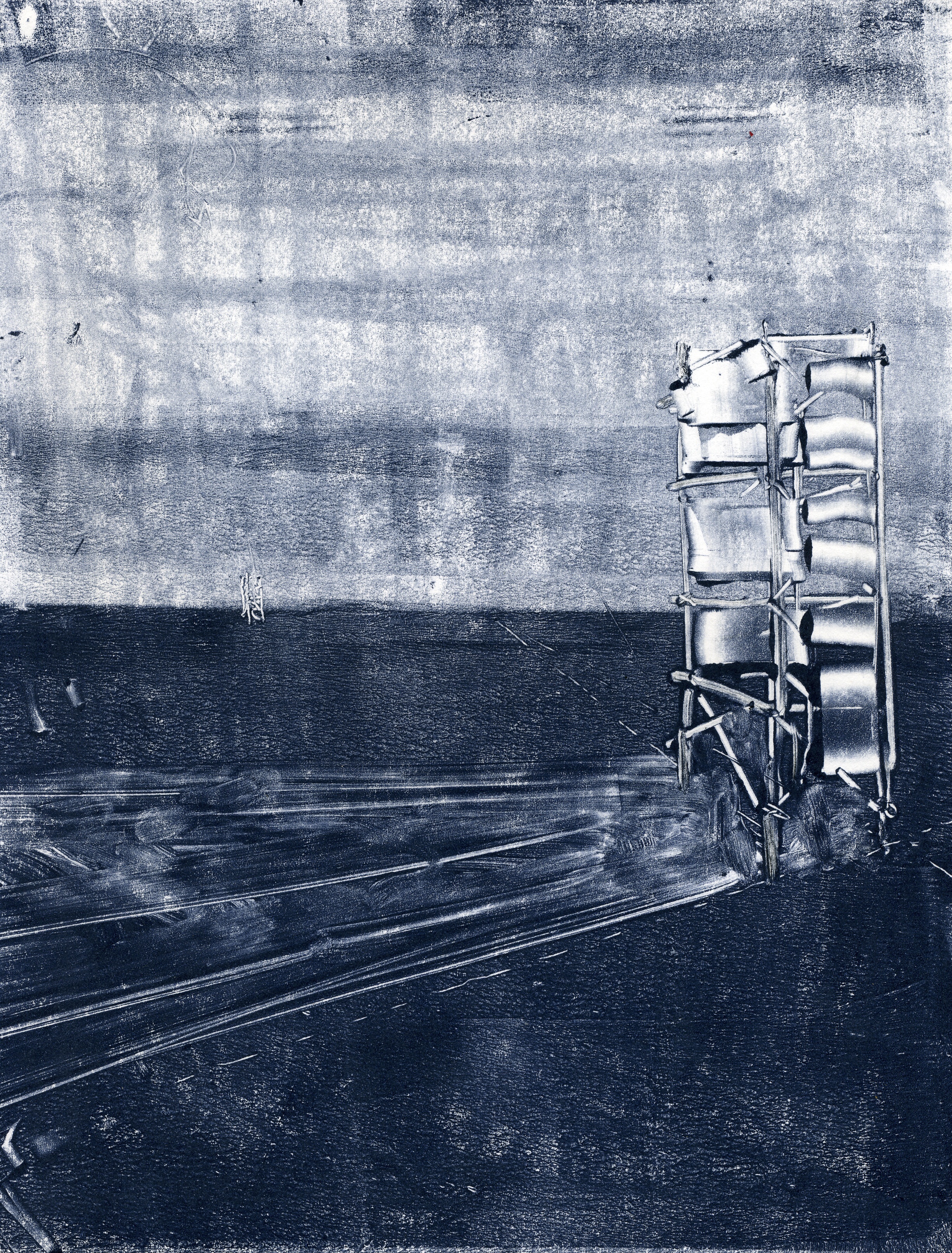  A monotype print by Clive Knights from his Tower series blue ink on paper 