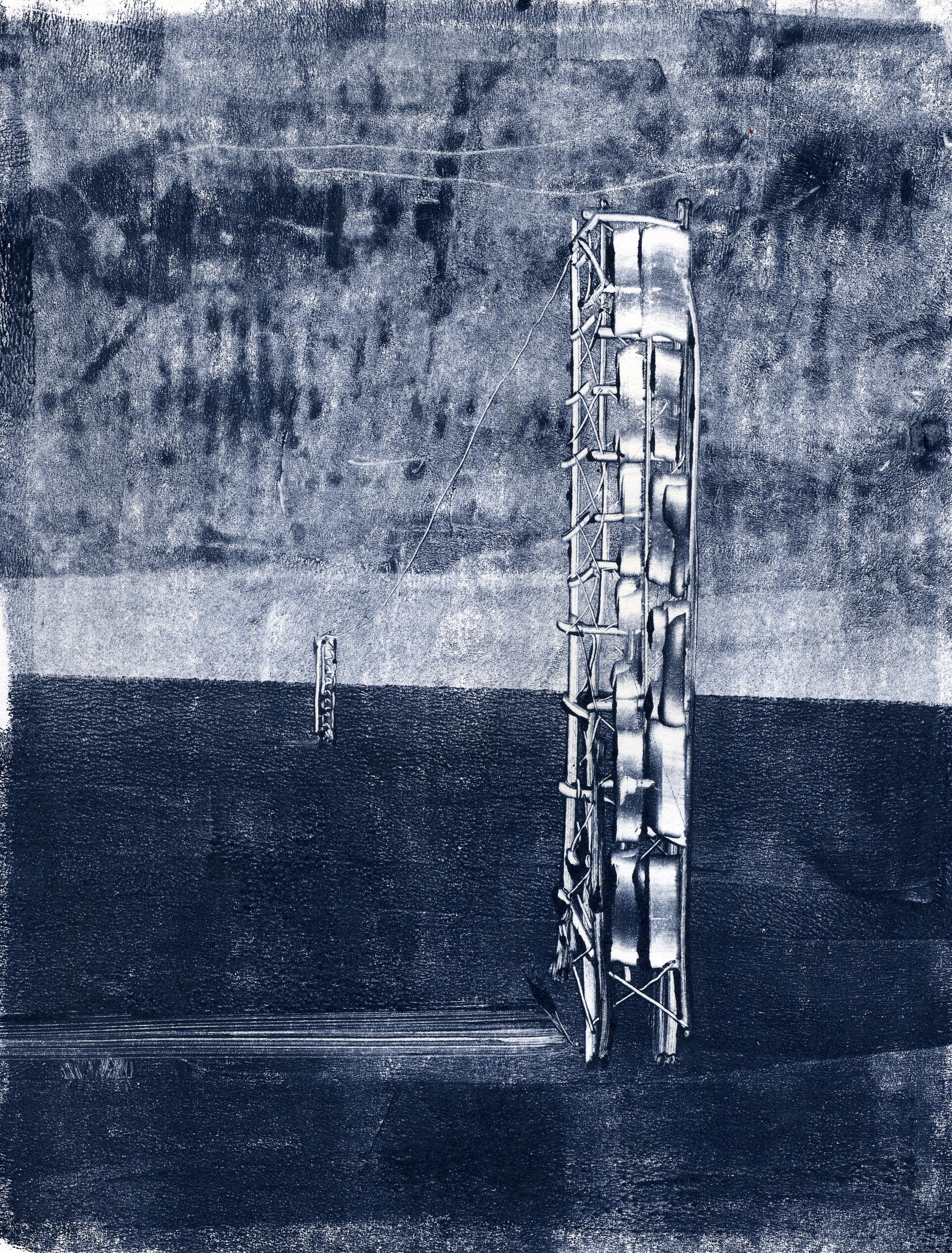  A monotype print by Clive Knights from his Tower series blue ink on paper 
