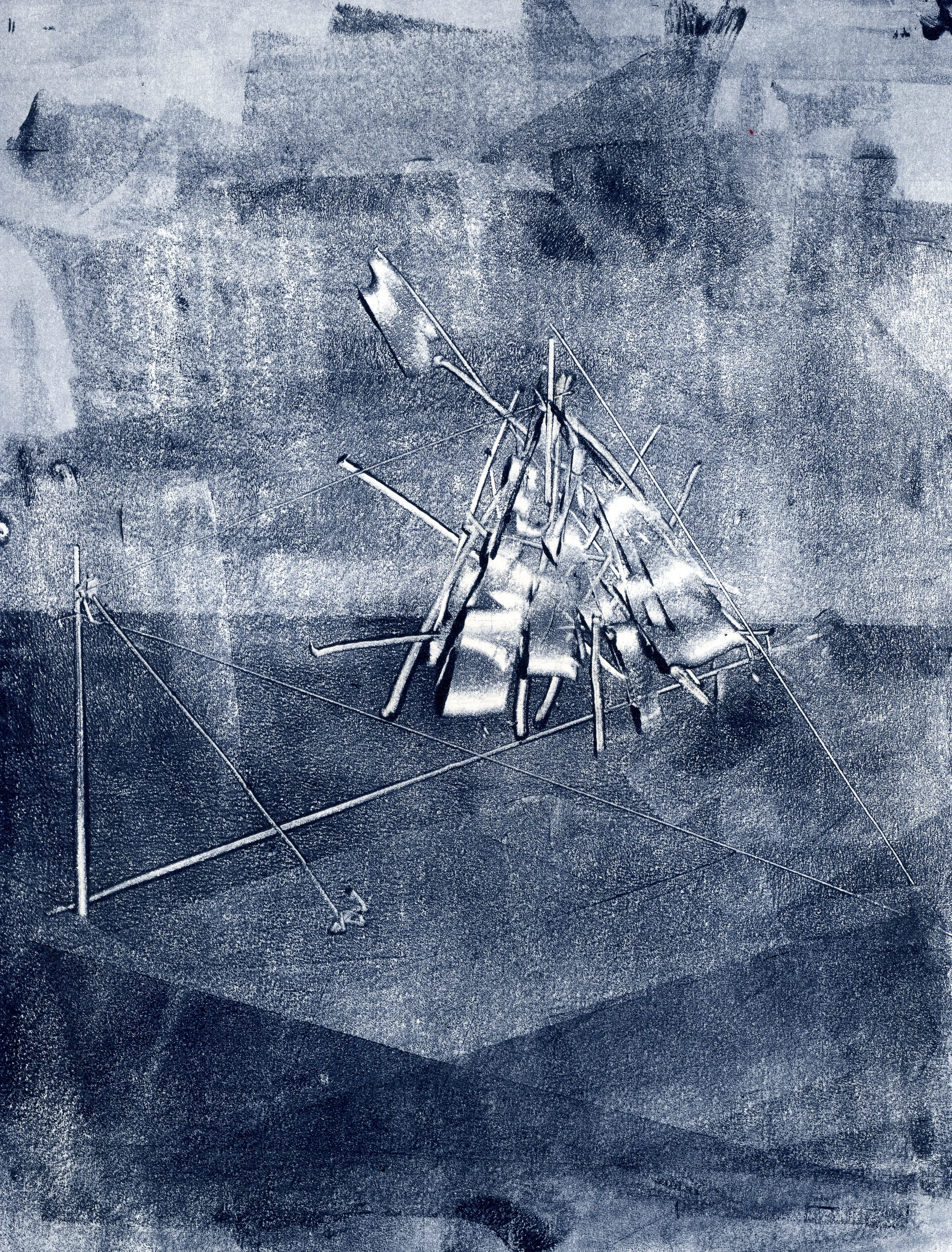  A monotype print by Clive Knights from his Tower series blue ink on paper 