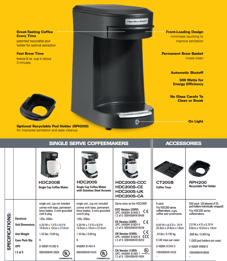 Hamilton Beach Commercial Single Cup Pod Brewer, HDC200S