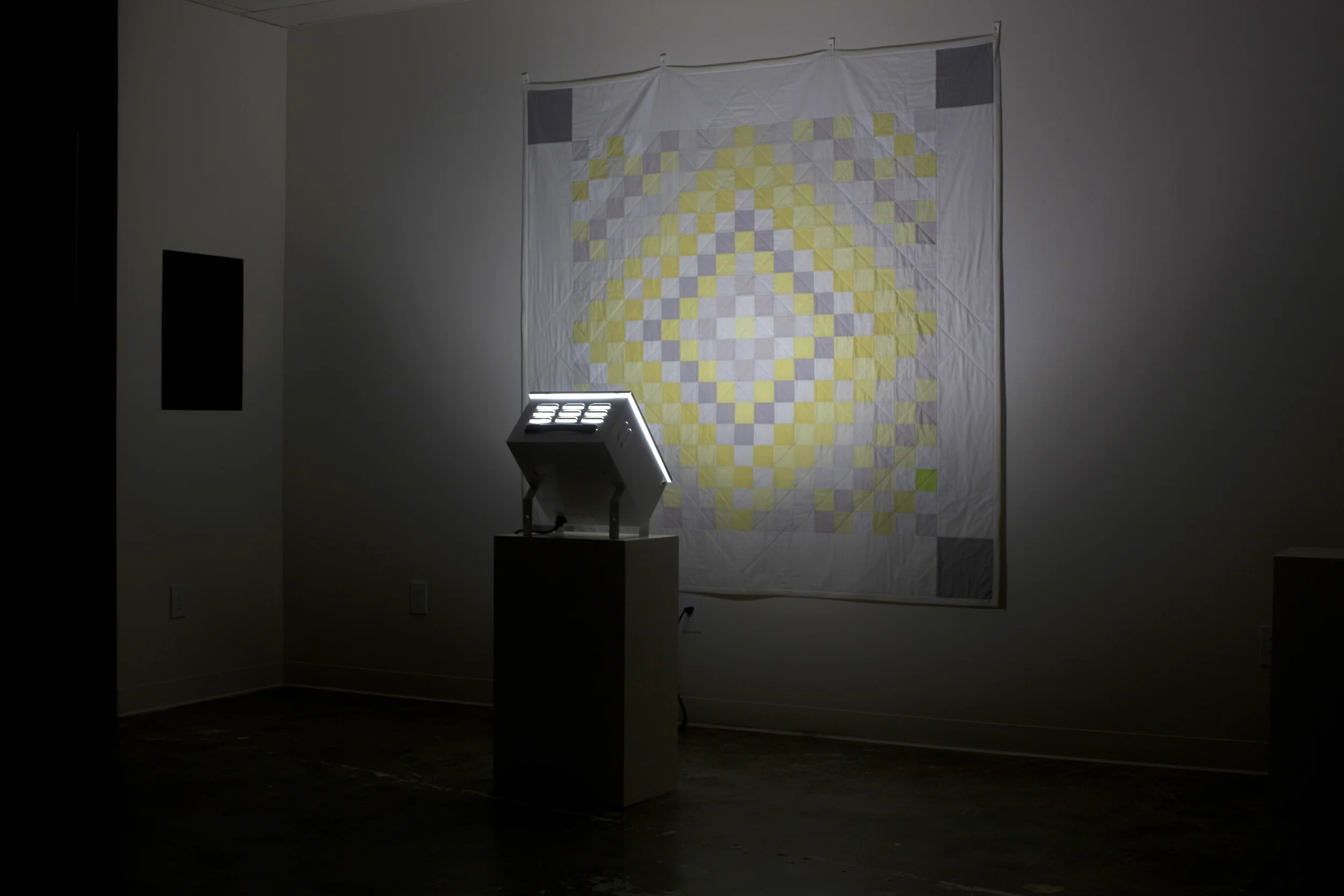 sunshine and shadow (winter quilt) , hand-dyed using Alaskan wildflowers and berries, hand-sewn and hand-quilted cotton, SAD light, 74" x 74" x 3'