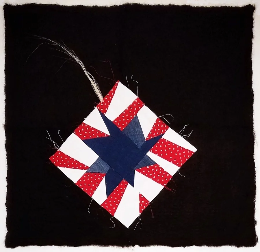   Wonky Star (After Astronaut Karen Nyberg) , felted Icelandic wool, hand-pieced and embroidered cotton and denim, Icelandic horsehair     