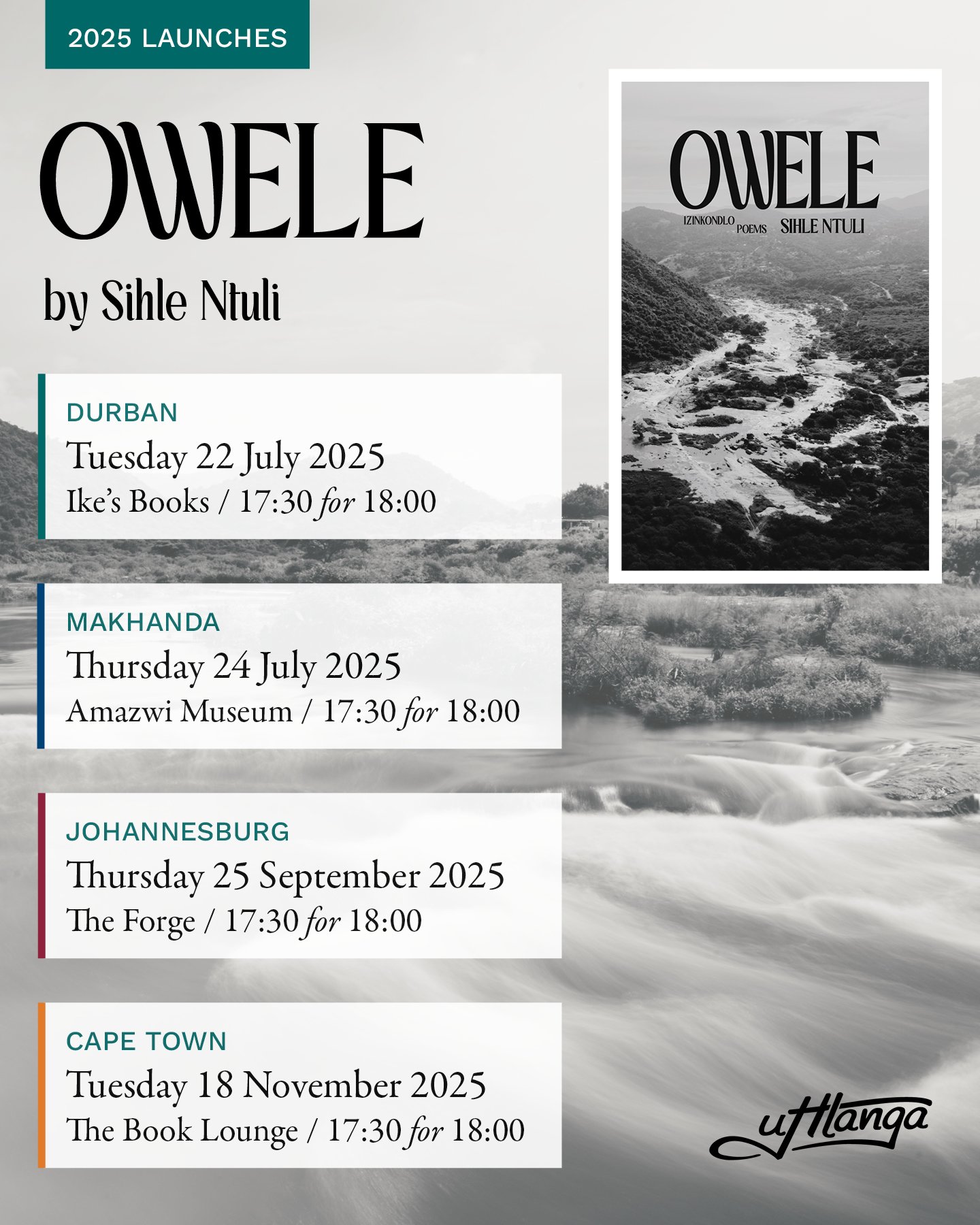 Good poetry, good company, and also &ndash; good wine.

We&rsquo;re launching &lsquo;Owele&rsquo; by @sihlexntuli on these dates.

Save this post now &amp; watch our upcoming stories for more deets 🌊

#uHlanga #OwelePoems #poet #poems #discount #Boo