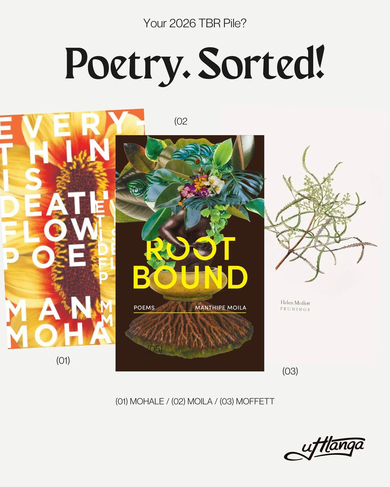 &lsquo;Everything is a Deathly Flower&rsquo;? Tick.
&lsquo;Rootbound&rsquo;? Tick.
&lsquo;Prunings&rsquo;? NEED to buy.

Get in! 📚 And get the next collections for your TBR pile (at our link in bio).

#uHlanga #MzansiBooks #DeathlyFlowerPoems #Rootb