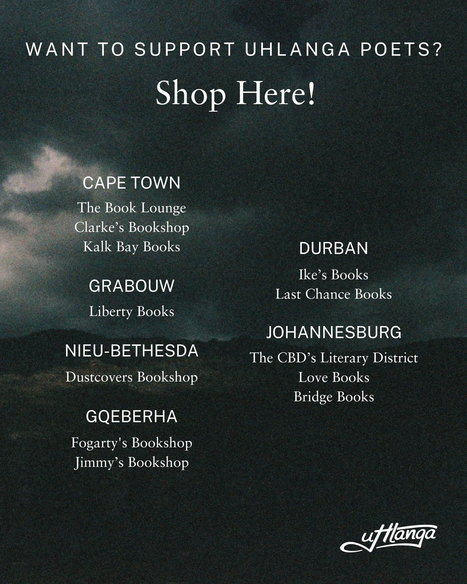 &ldquo;I expected nothing less from this life than to be shocked&rdquo; &ndash; @rosalyster 

From the Eastern Cape to Gauteng, KZN and the Western Cape, SA has wonderful independent bookshops that stock uHlanga books.

Think &lsquo;&rsquo;Owele&rdqu
