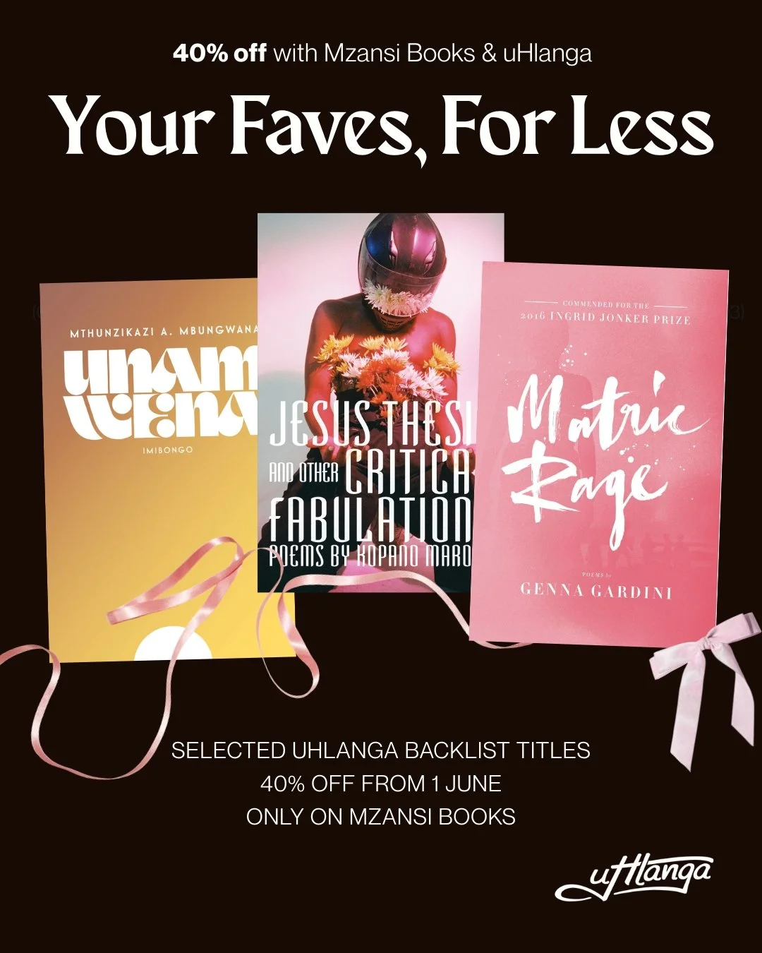 uHlanga babes, here&rsquo;s a little gift to get you through winter! 💋🔥

From Matric Rage to Zikr, Everything Is A Deathly Flower, Malibongwe, Peach Country, Unam Wena and many, many more, our Winter Poetry Sale brings together a wide range of uHla
