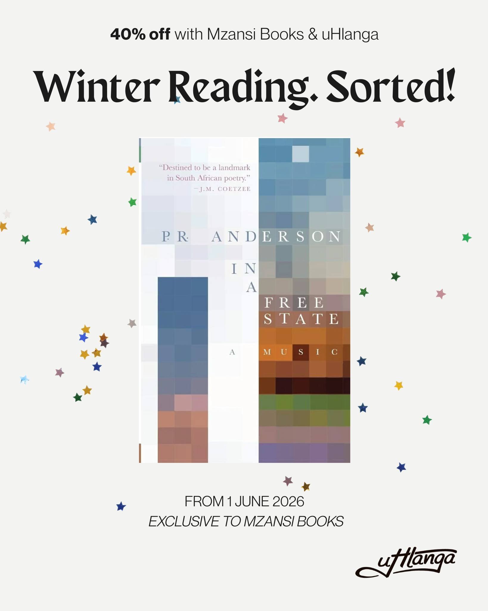 Our Winter Poetry Sale goes live tomorrow, Monday 1 June🎉

What you need to know:
&rarr; 40% off selected uHlanga titles 
&rarr; Limited time only
&rarr; Exclusive to Mzansi Books online

It&rsquo;s a chance to rediscover some of South Africa&rsquo;