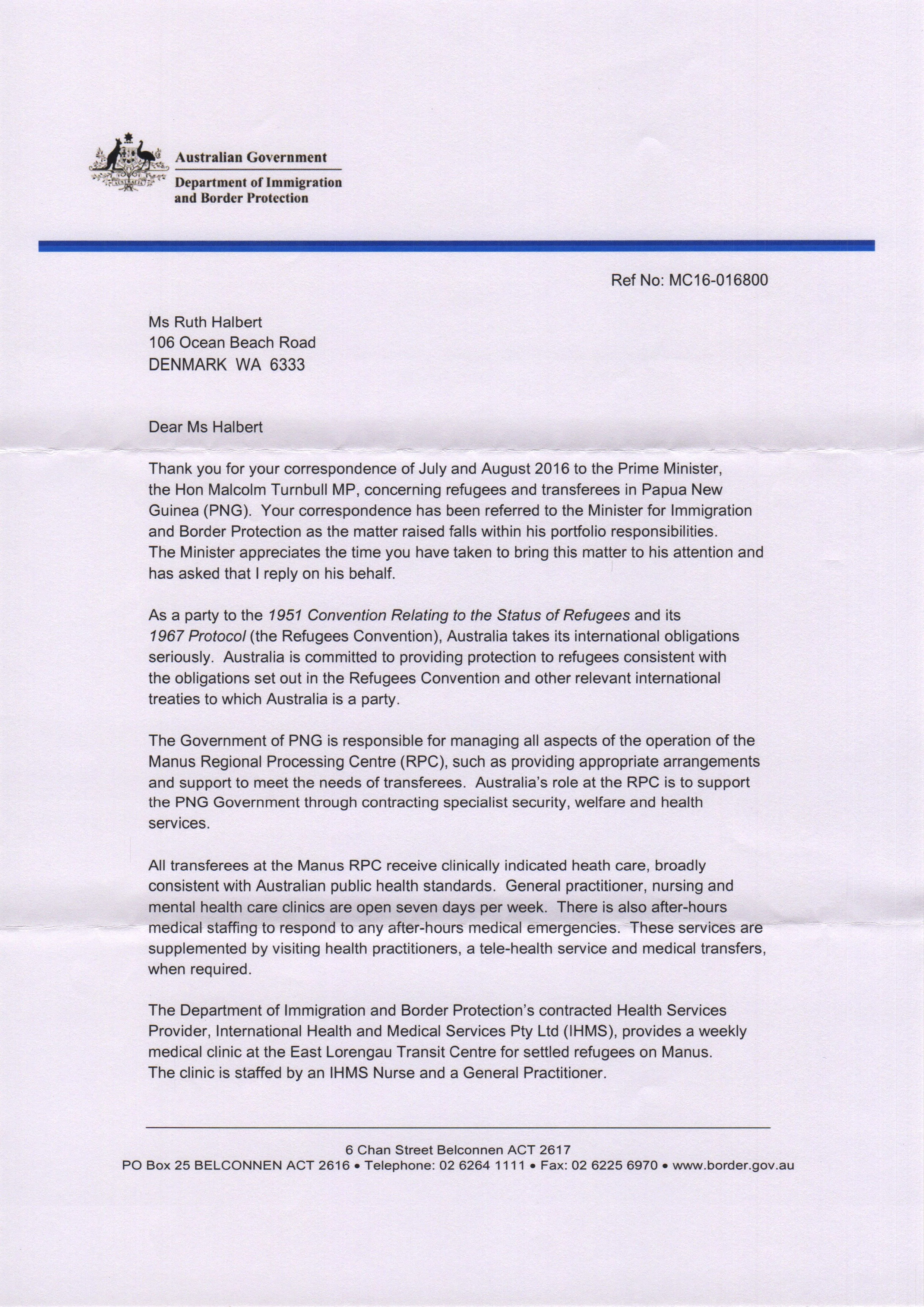 Letter from Dept Imm 18 Aug 1