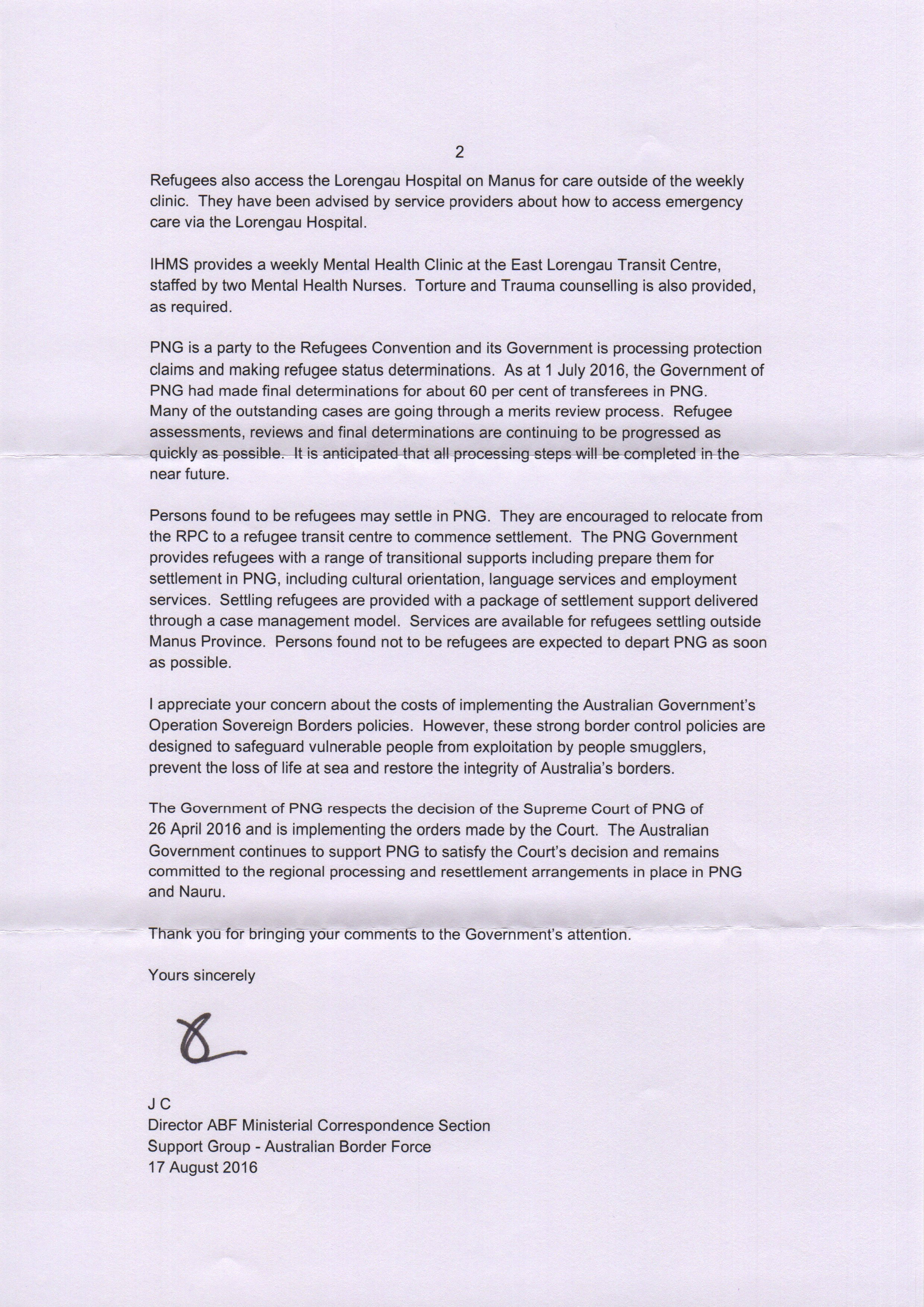 Letter from Dept Imm 18 2