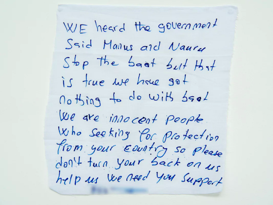 ‘We are innocent people’: a message from a detainee on Manus Island . Photograph: David T Young/ Penny Ryan