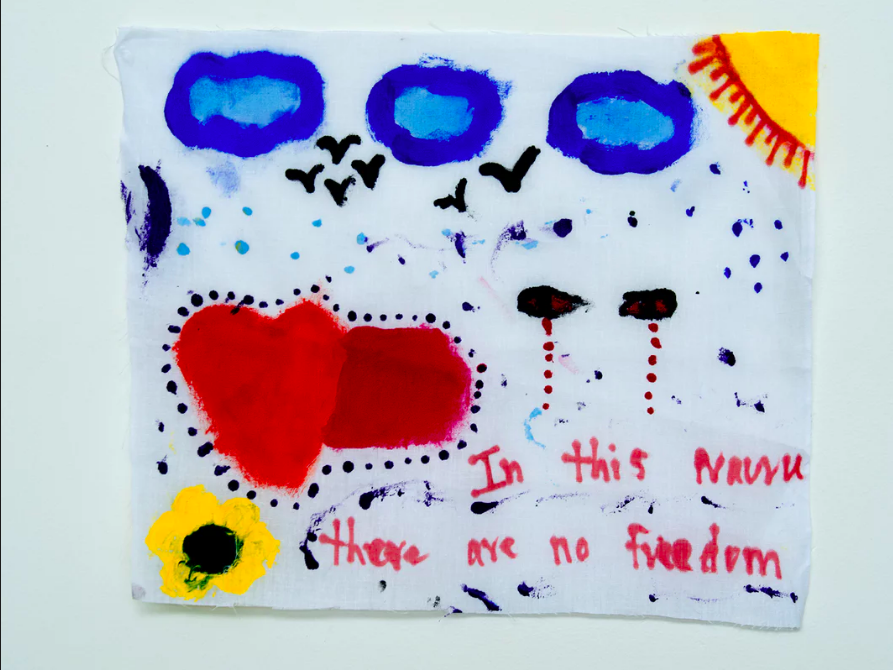 ‘In this prison there are no freedom’: a message message from a detainee on Nauru. International governments and human rights groups including Amnesty International, the UN and Human Rights Watch have repeatedly criticised Australia’s policy of offshore detention. Photograph: David T Young/ Penny Ryan