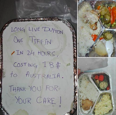 "This is a sample of the meals given to men in Manus. It costs Australian taxpayers nearly half a million dollars for each detained person each year. Or about $4,000 per person per day." Lynne Murphy https://www.facebook.com/lynne.murphy.148/posts/10154501915596769?pnref=story