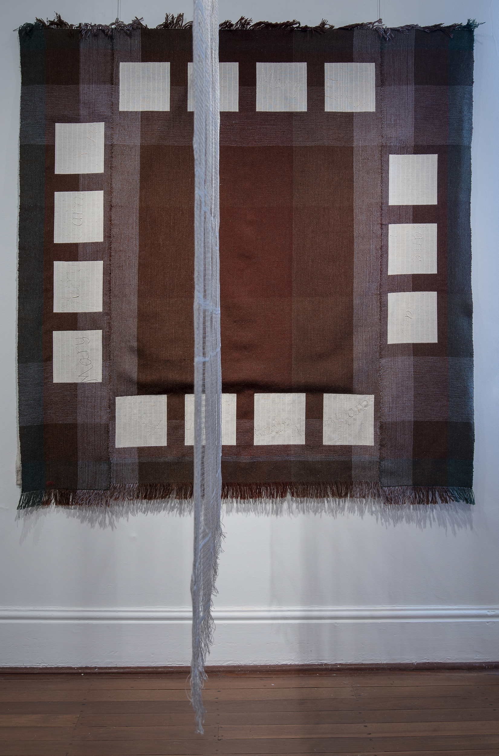   Ancestresses’ Picnic , 2021 Handwoven wool and cotton double cloth, hand embroidered.  Photo: Christopher Young 