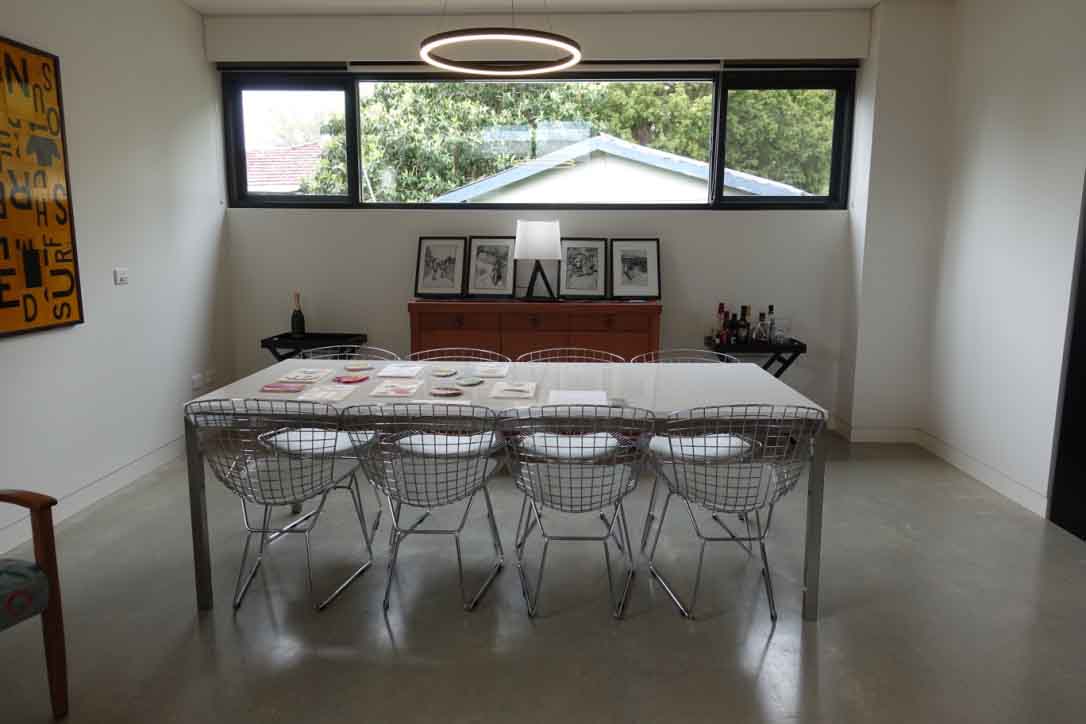 Looking across to four more of my works with Suzanne Knight's tapestries on the table