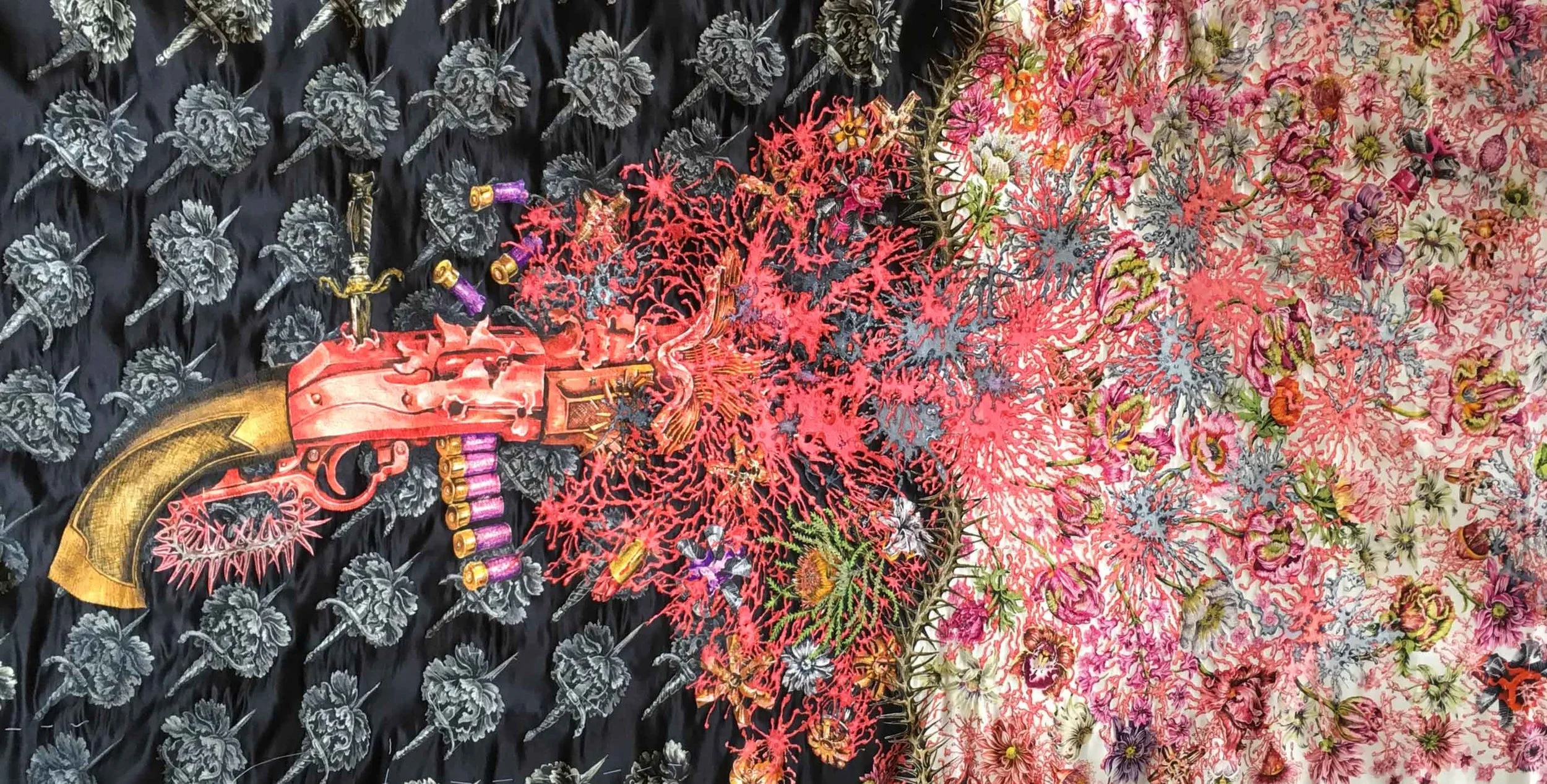 The art work was not particularly designed for an embroidered textile so there were many challenges. In 2017 my new year’s resolution was make samples before I begin a work. My impetuous nature means I often launch into work without always fully resolving design issues or techniques. Regular sampling has meant a shift from the ‘hit and miss’ approach to a higher rate of success in my work. I had sampled extensively for this new collaboration, but I was nervous with beginning to machine stitch the fabric. I began with a plant I was familiar with the euphorbia , or crown of thorns. Only weeks before I had used a variety of this plant in my own work for exhibition. 