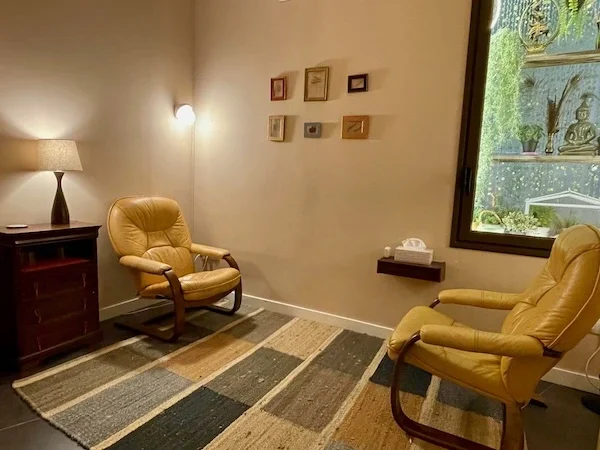 Sala con dos sillones de cuero beige, una mesa auxiliar de madera, una lámpara de mesa, cuadros decorativos en la pared, una ventana que muestra plantas y un jardín exterior. Representa un despacho muy cálido y acogedor de psicología en Madrid