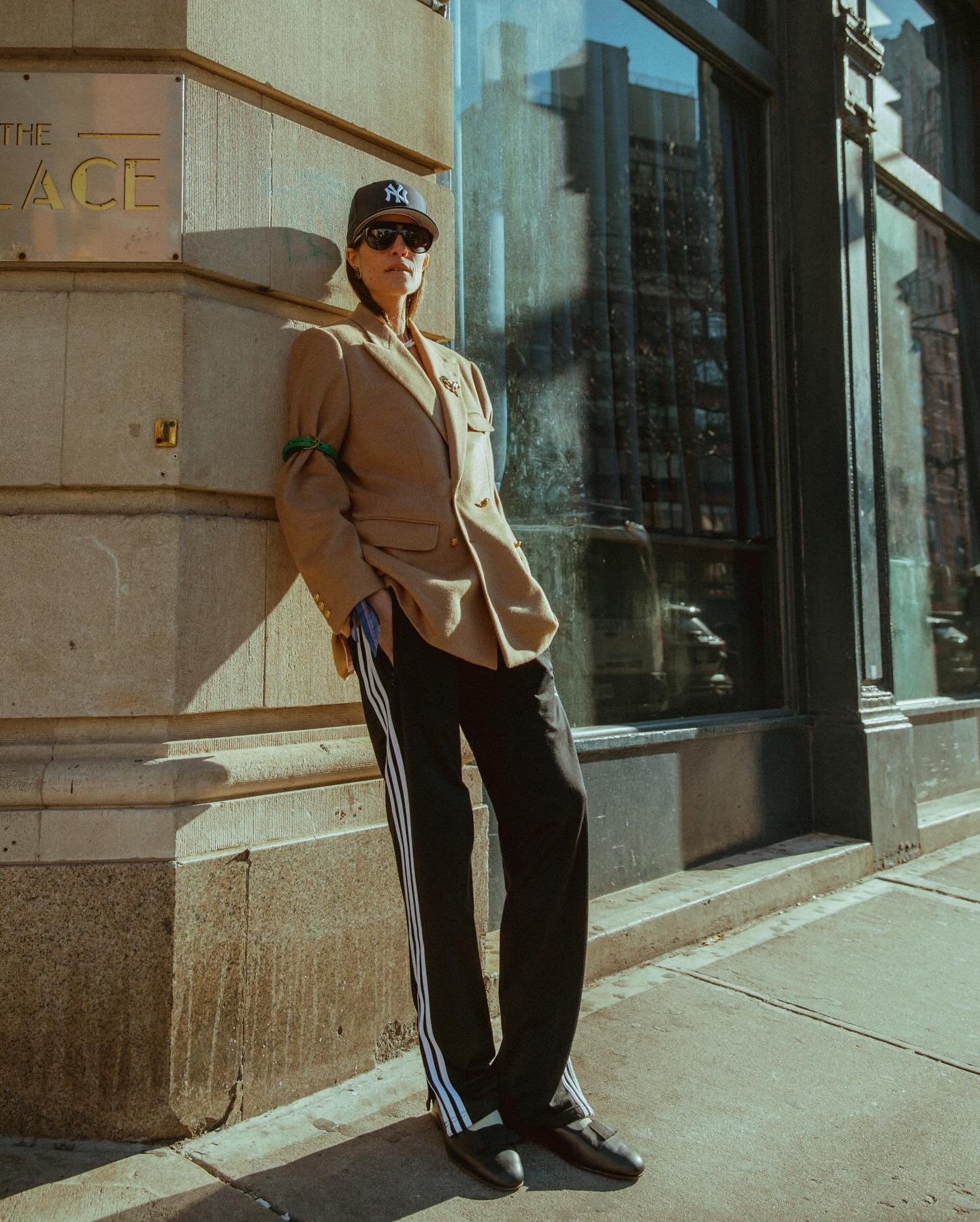 Lara in the camel cashmere blazer (it&rsquo;s unisex)&hellip;with Adidas track pants, our black calf opera pump, and aviator sunglass.