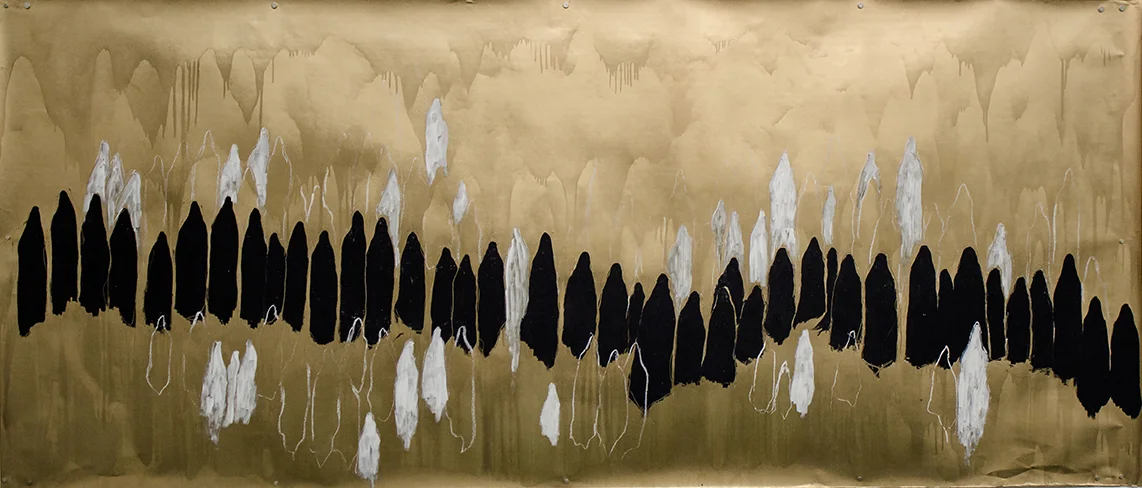 "if i'd been made of iron, i would have rotted away. i became earth and i endured. i became earth, earth, earth and i endured." 2015 3.5'x8' gouache, chalk, spray paint on paper
