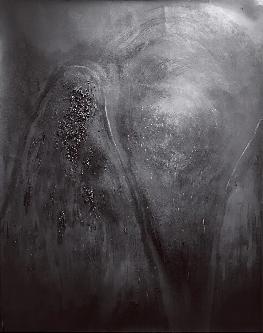 "to kerosene, torch to altar and crossbeam. Praise instead the night, its starless, basilica void." 2016 bitumen, spray paint, oil, graphite on paper. This piece was made with a poem in mind published in a recent issue of Guernica, called "Tenebrae" by R. A. Villanueva, and its title is taken from that. For the full poem please visit here: https://www.guernicamag.com/poetry/tenebrae/
