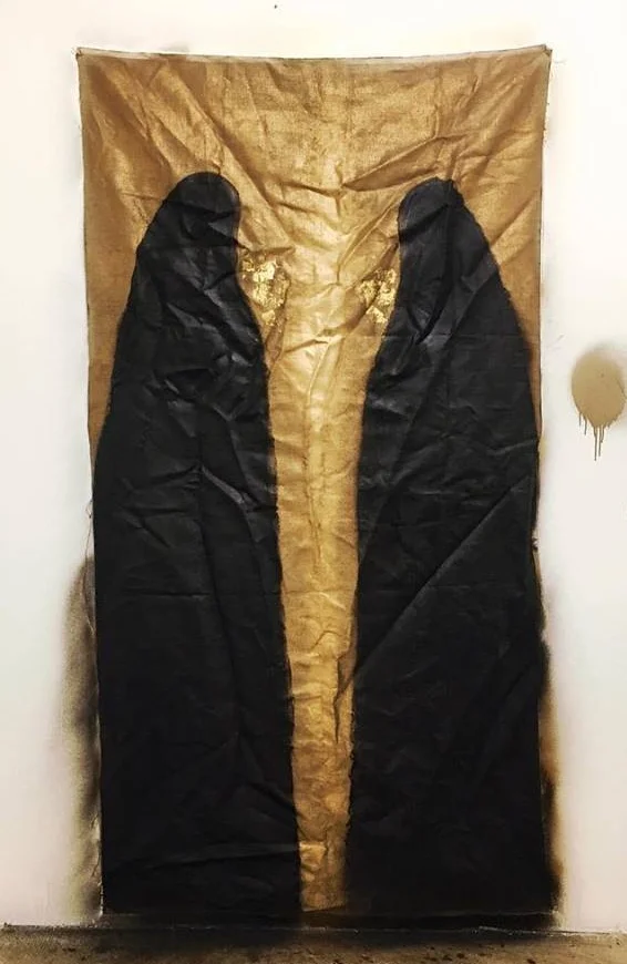 shroud 2016 bitumen, oil, spray paint, 24k gold leaf on linen
