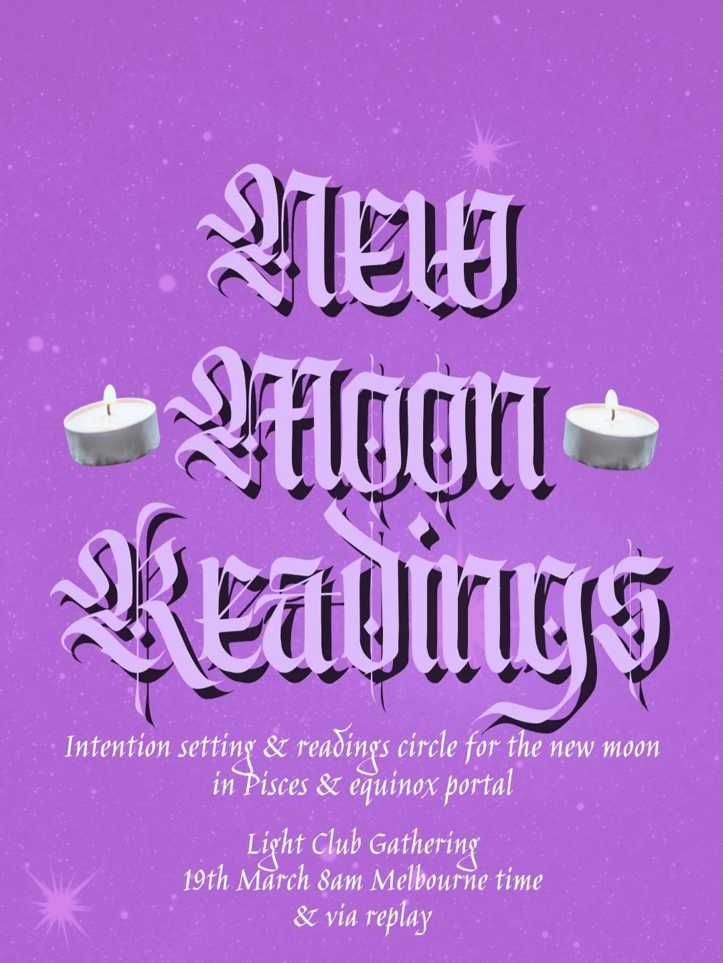 Looking for spiritual community, support and a reading with me once a month?

Around the new moon Light Club meets for a live hang out. We meditate and set some intentions for the moon cycle ahead, and then the space is opened up for readings. Those 