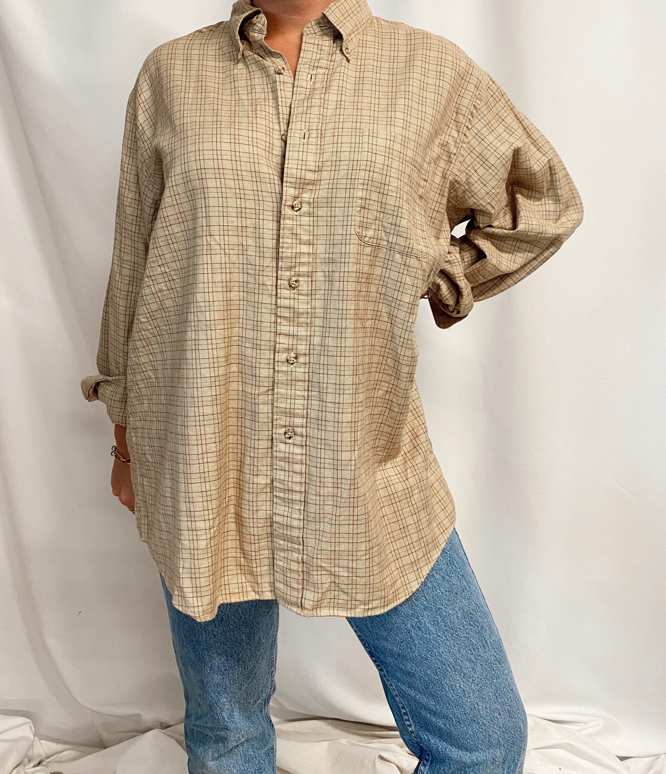 tan plaid button down