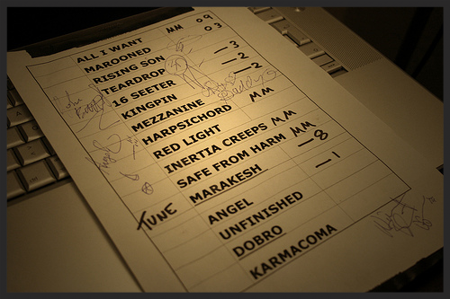A sample setlist from the 2008 tour detailing the order of the songs, the vocalists for each one and what pedals to use on each song for the live musicians.