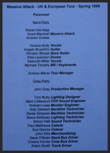 A page from one of the itinerary books used on the Mezzanine tour detailing crew members names and their responsibilities on the tour.