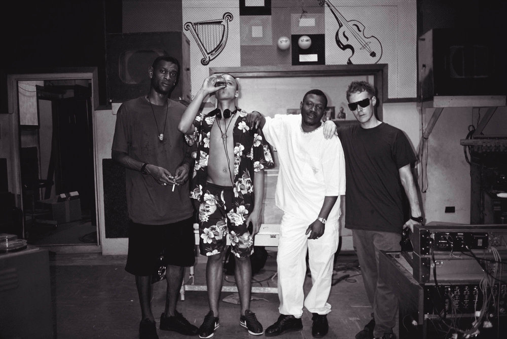Massive Attack and Horace Andy pictured at the famous Studio One in Jamaica shortly after the release of Blue Lines.