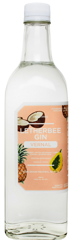 Vernal 2015 This season’s recipe variation is uniquely both rambunctious and relaxed. The 2015 VernalGin pays tribute to Paul McGee and all other bartenders who are spearheading the growth of Tiki Culture. Driven primarily by the tropical and savory profiles of papaya, pineapple, and toasted coconut, this gin exudes a lush bouquet of vanilla, pink peppercorn, and peeled rambutan. Its confident mid-palate unfolds a succulent blend of ripe persimmon and sunchoke, suspended by the recognizable Letherbee gin botanicals with a mouthfeel that blooms into a long, silky malolactic finish.