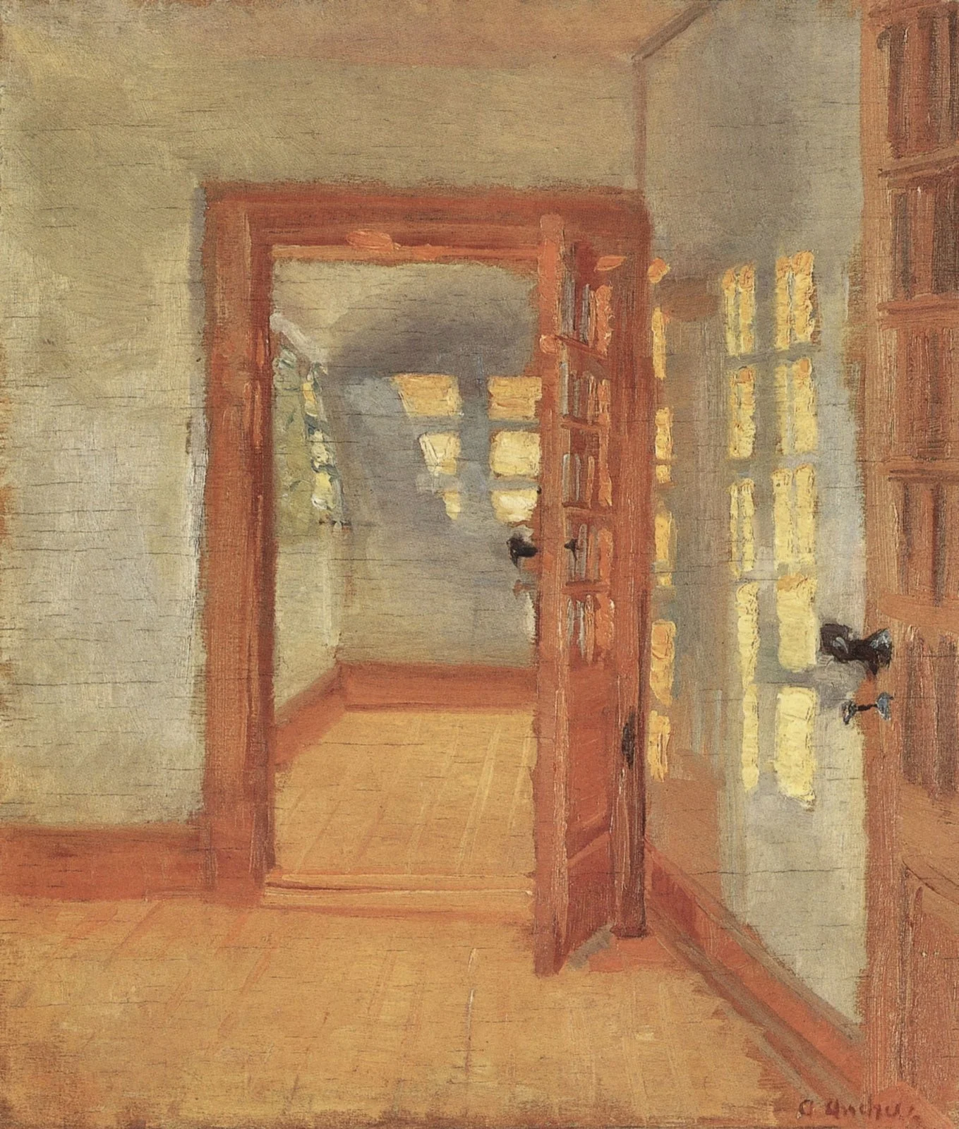Inside of a room with orange trim and sunlight painted in thick panels on white walls