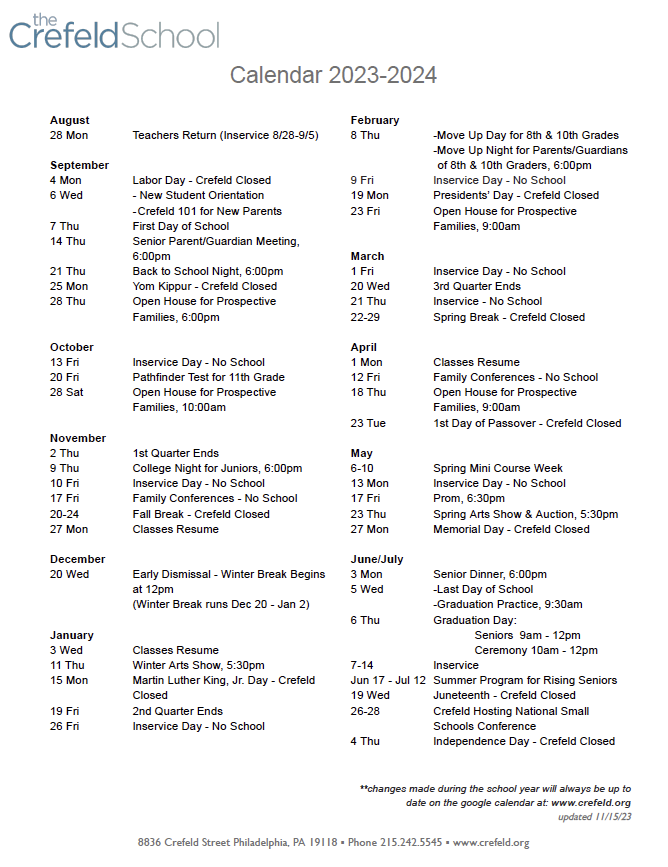 Calendar — The Crefeld School