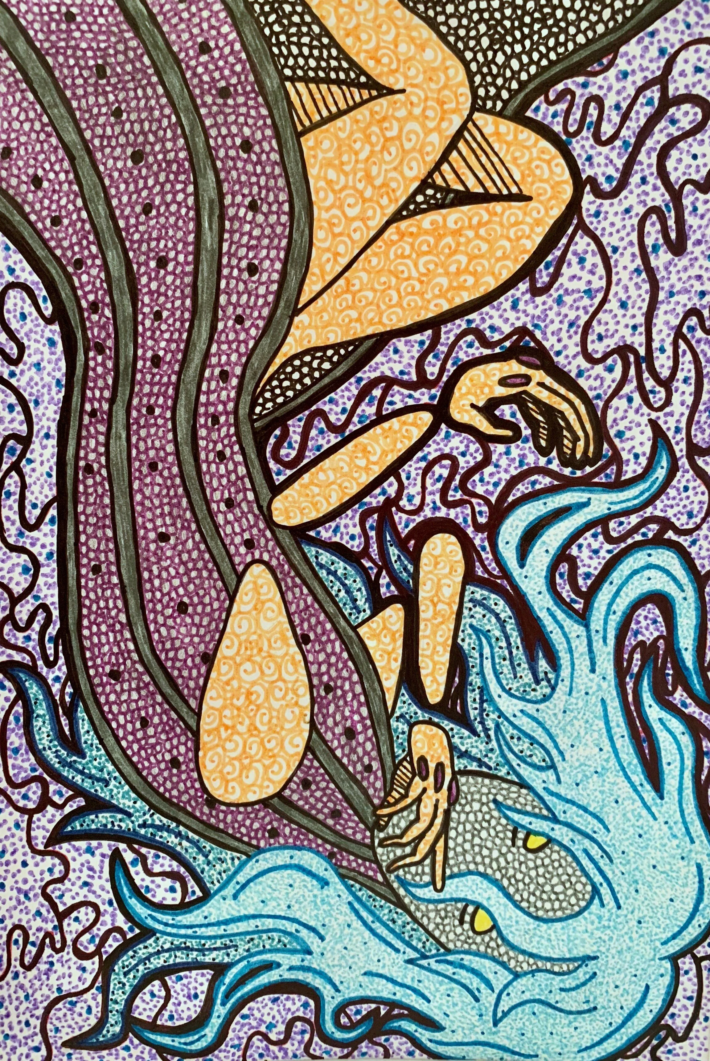 Death 13, part of the Tarot Card series, created based off of tarot card readings.“I use pencil to just sketch out the shapes I want to use, and after that I use ink pens to trace out the shapes that I want [for] the figure. And then I use both thin…