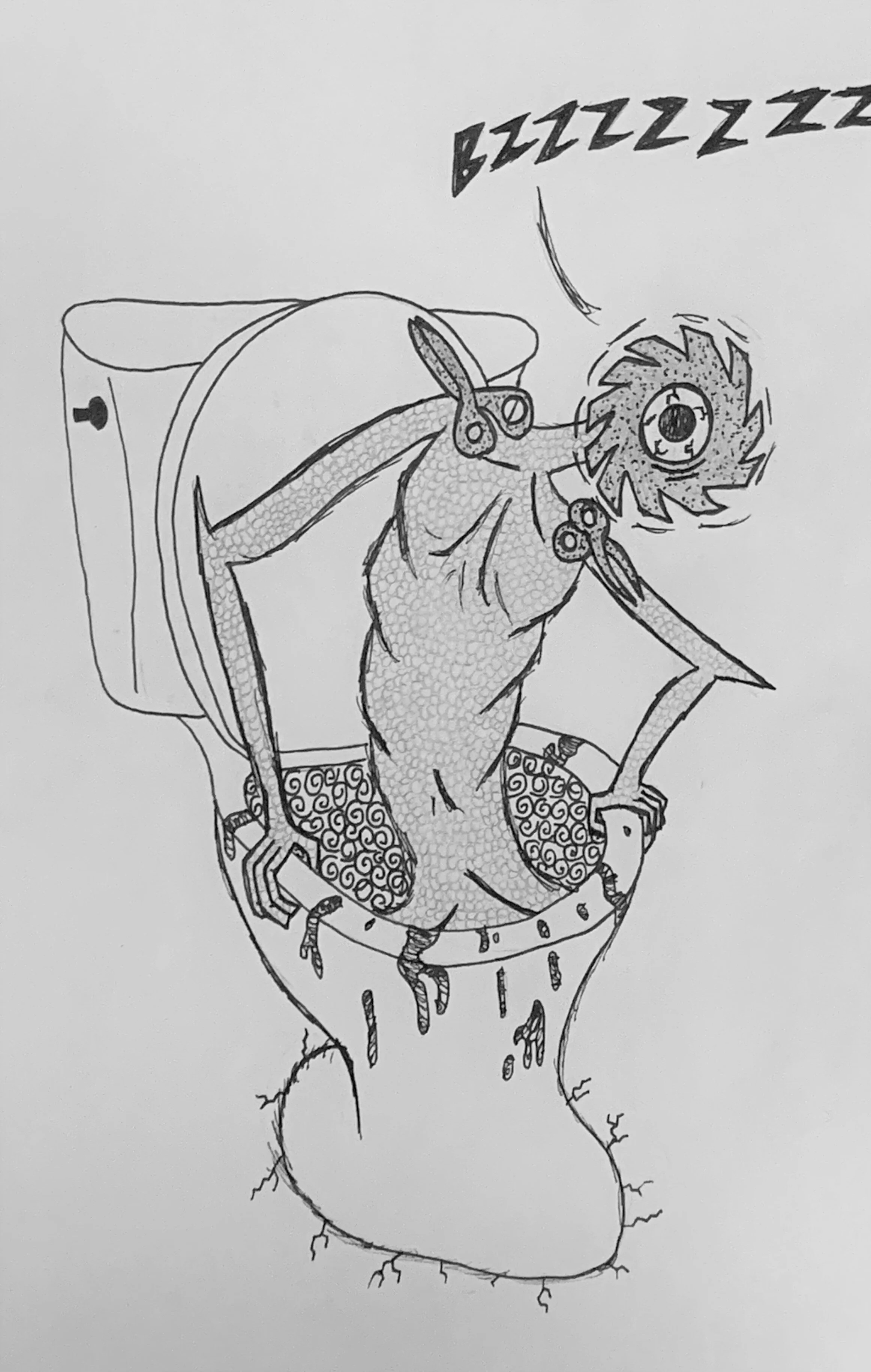 Buzz Creep , the original sketch of the cover of Buzzsaw Magazine’s 20th anniversary issue: Haircut. “I certainly don’t approach the work I do for Buzzsaw the same way I do my personal work, but it still has that same essence. When I create a picture for an article, I feel that the only way I can do my job is to get someone to read an article because they see a picture, because they see the cover of the magazine, they say, ‘Oh, this looks really cool, but also disturbing in a way, in that nobody would just put this out there if there wasn’t something interesting behind it.’” – Adam Dee