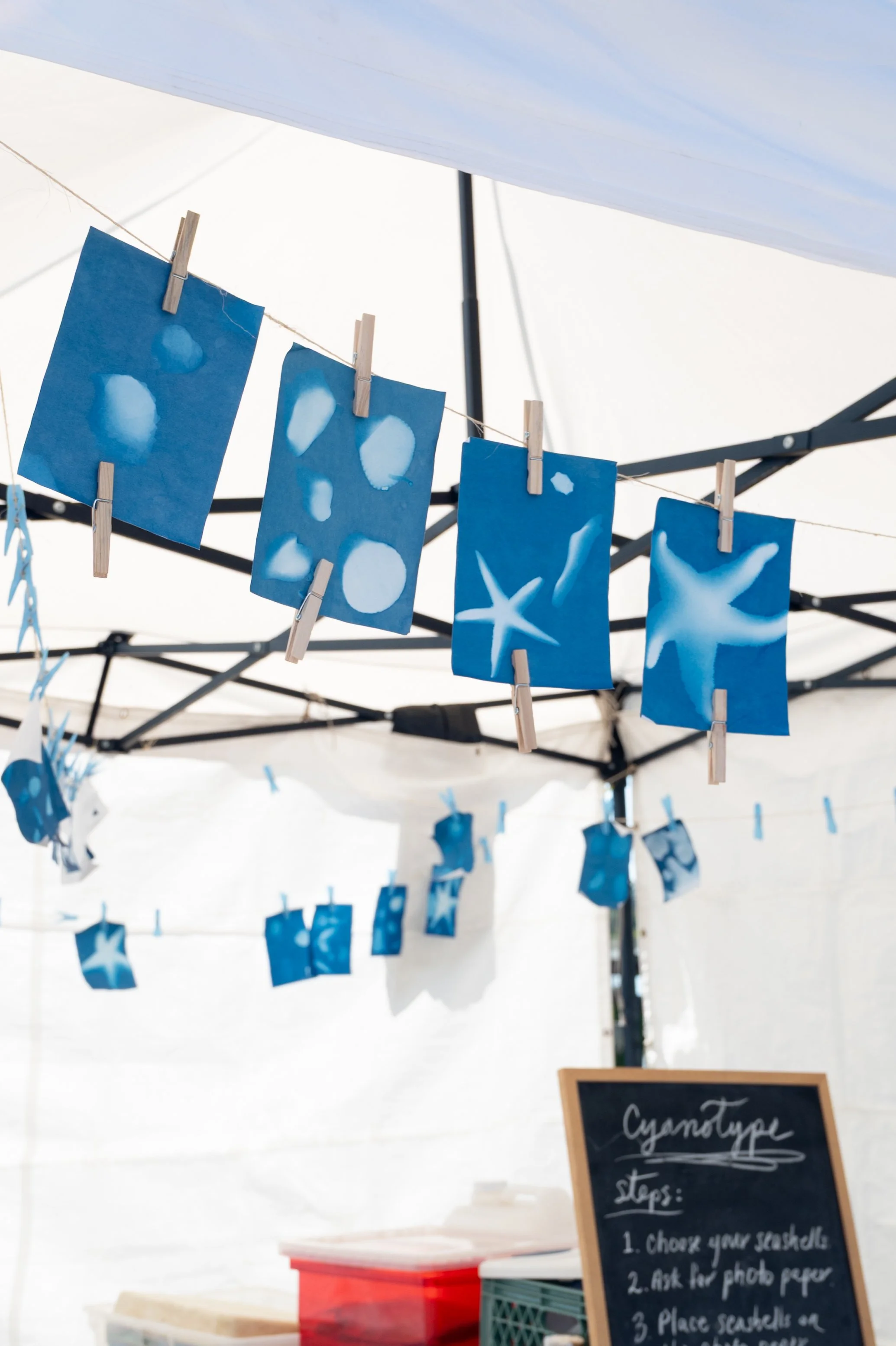 Blue watercolor starfish and seashell silhouettes hanging on a string with clothespins at a craft booth under a white canopy.