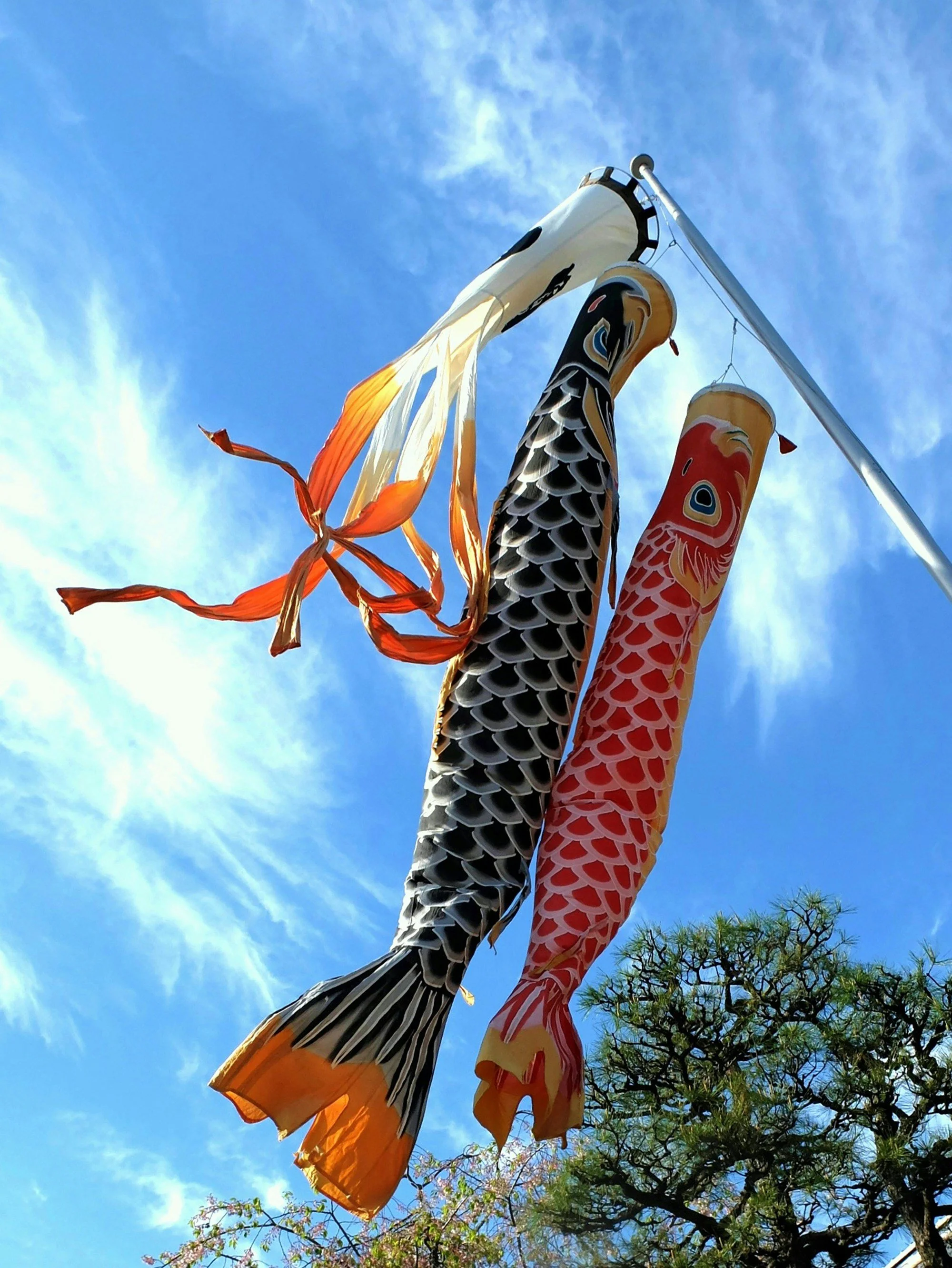Two large koi fish-shaped windsocks, one black and white and the other red and orange, hanging from a tall pole against a blue sky with wispy clouds.