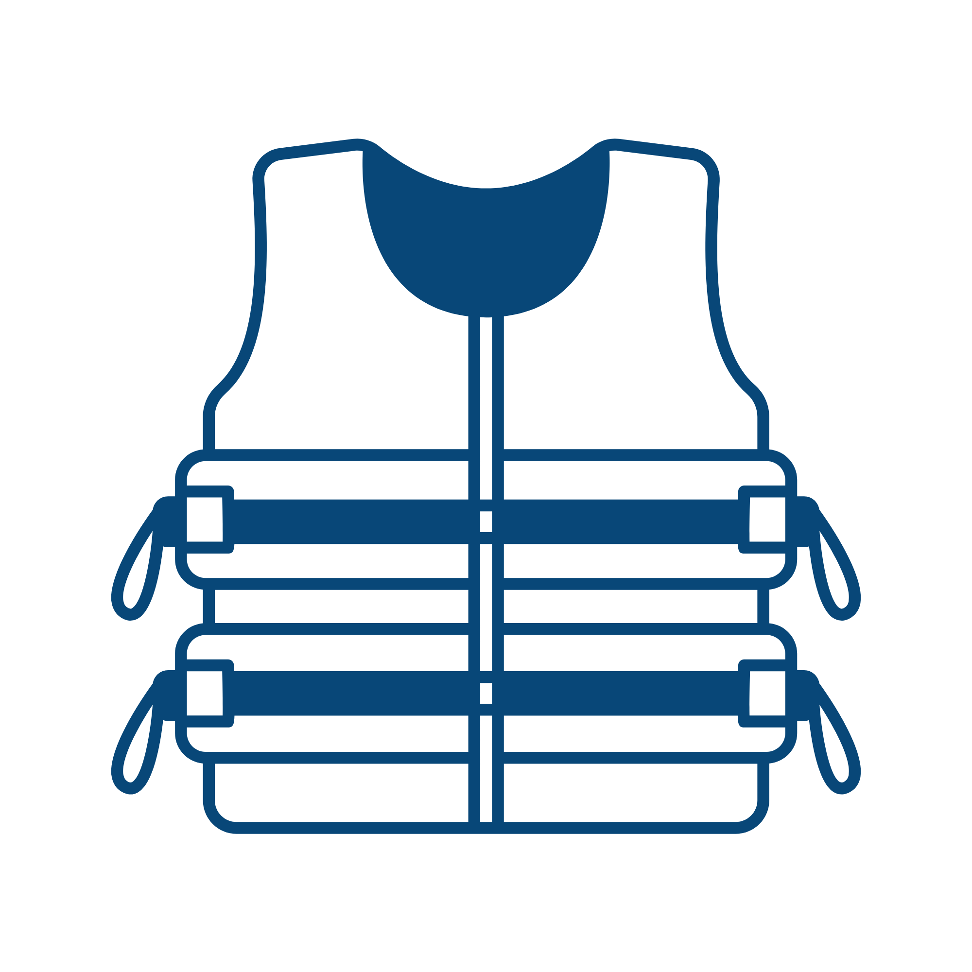 Stack of four life jackets, blue outline with white fill, with adjustable straps and buckles.