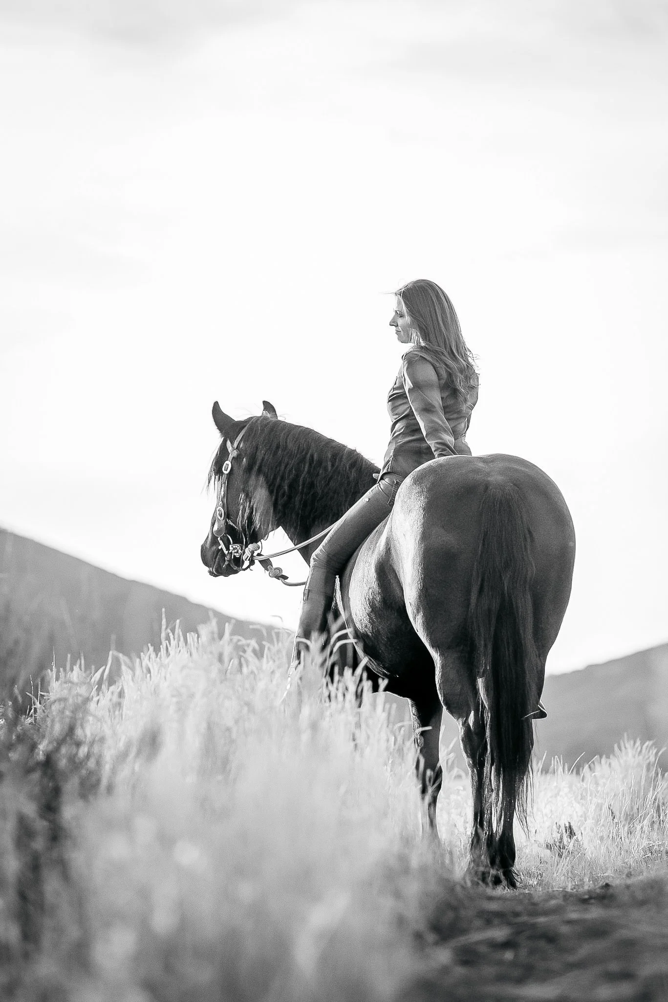 Portrait of woman riding her horse in Park City, Utah during the summer. 