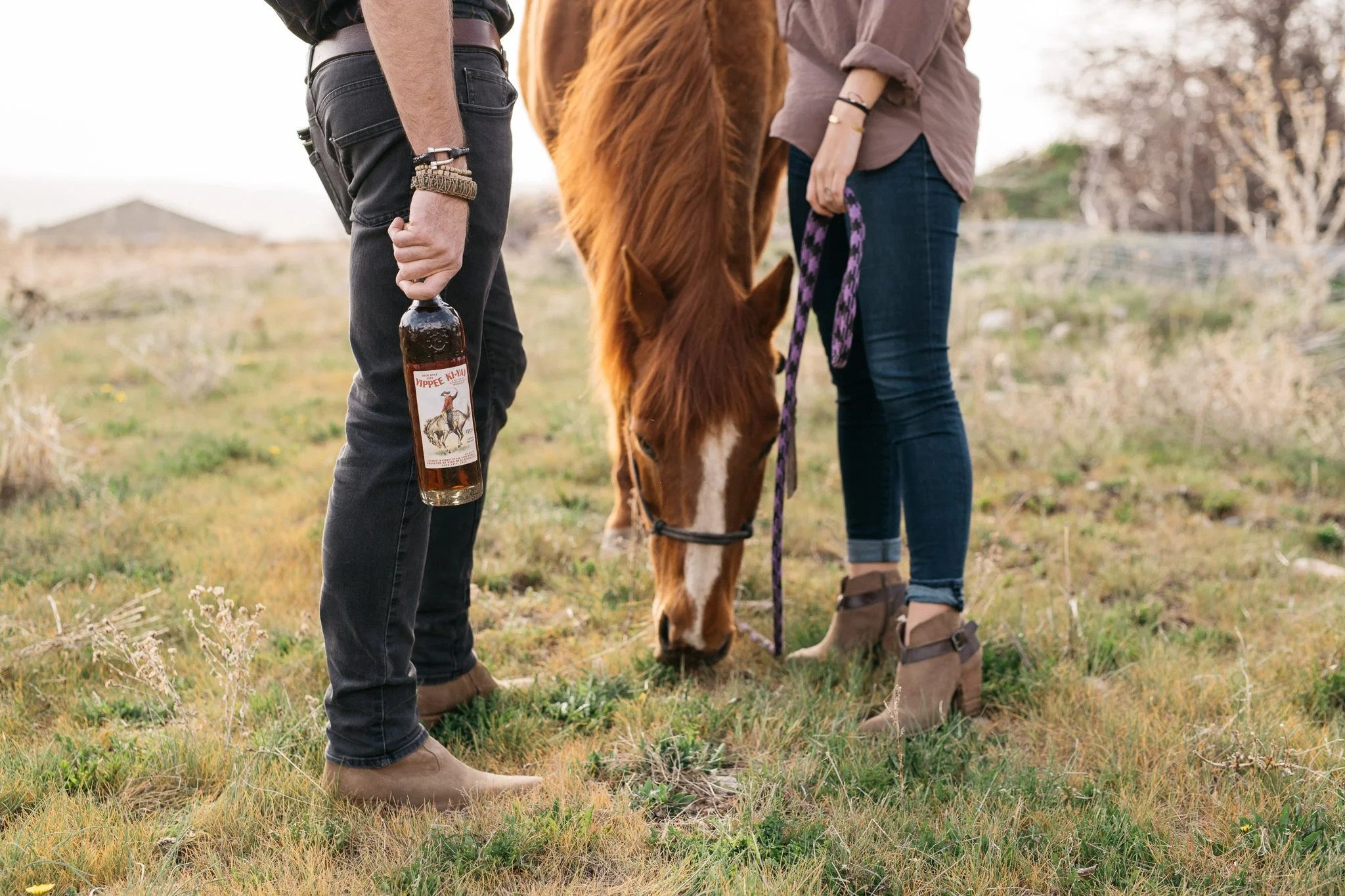 Portrait of couple with horse in Park City, Utah during the summer. 