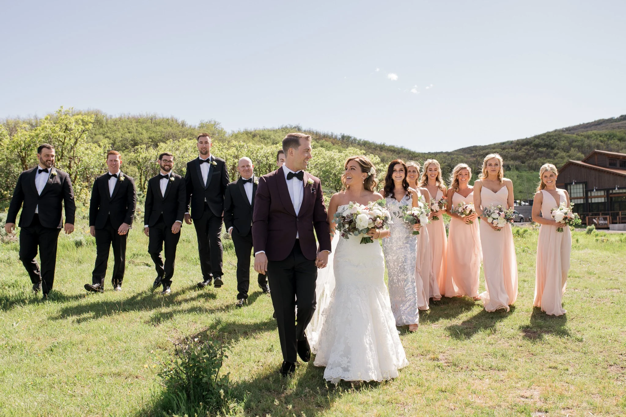 Bridal party photo at High West Distillery and Blue Sky Ranch during a summer wedding.