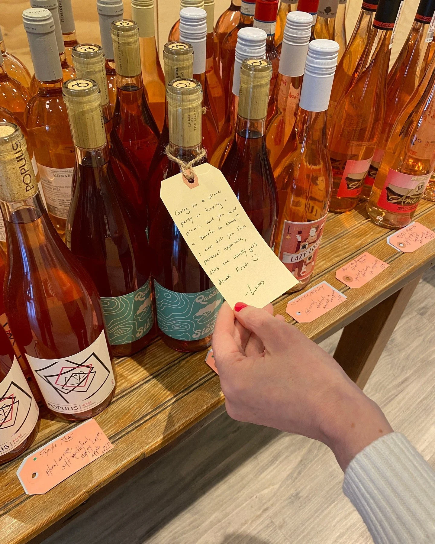 Not sure what to try next? Look for the little tags sprinkled through our shelves, they&rsquo;re our staff picks! Each one comes with thoughtful notes on flavors, pairings, and why we love the bottle. Basically, your built-in shopping buddy. 🥂