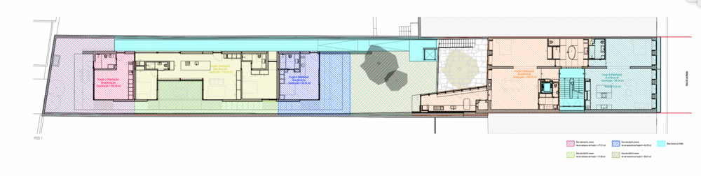 Layout of three apartments in the back building from left to right: J,I,H