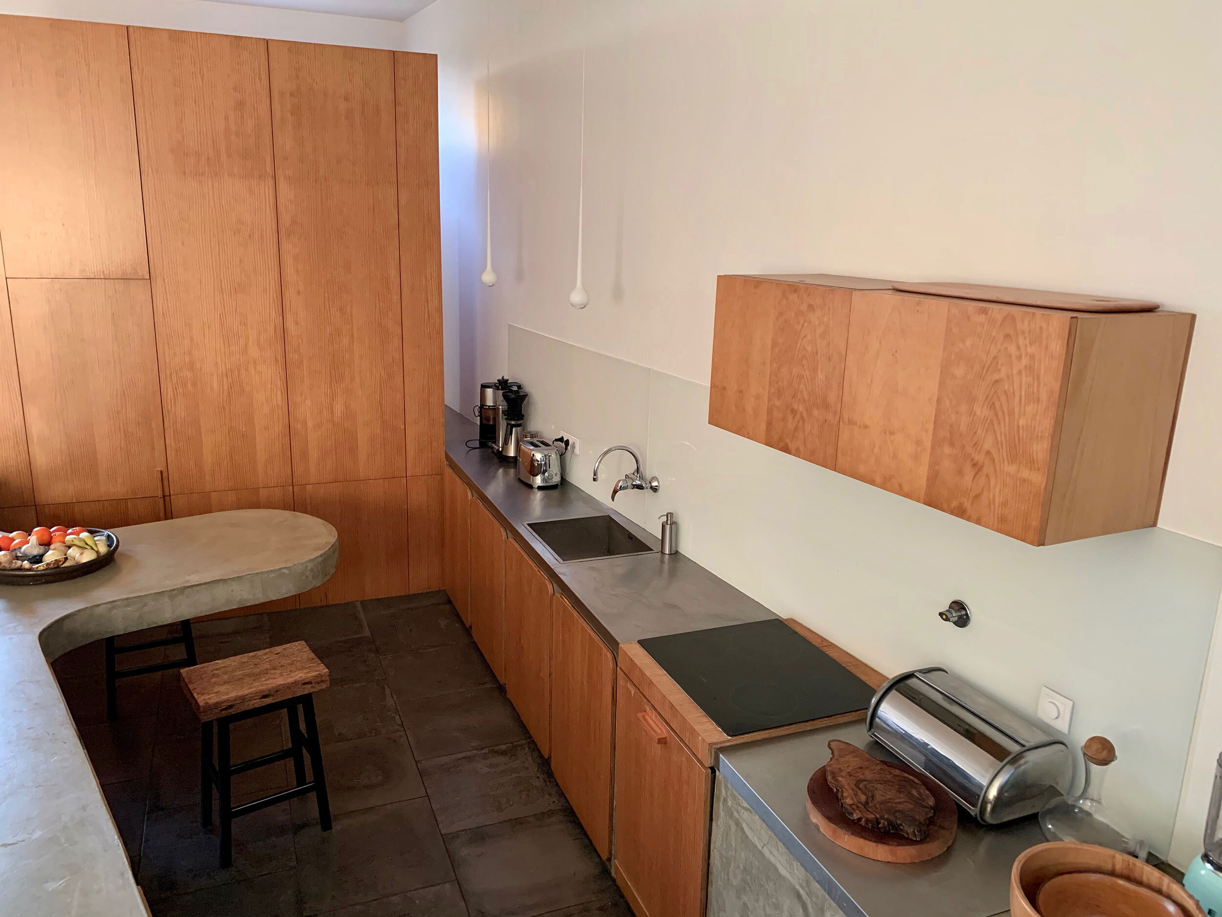 Stainless counter top and dining area