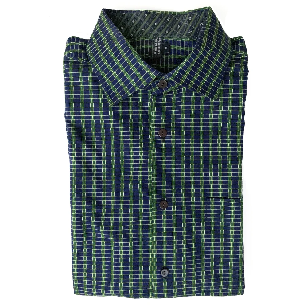 Men's short sleeve shirt (M) in green dot striped cotton  kokovenice.com
