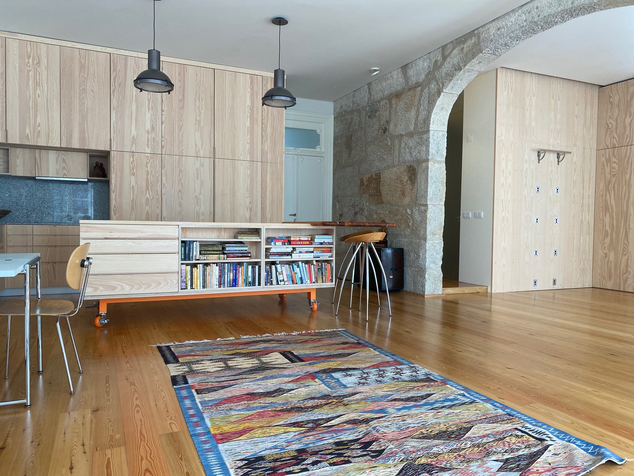 Kitchen area and moveable work space in apartment D