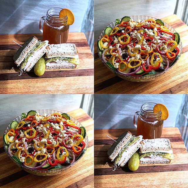 Starting summer with sweet tea, sammies &amp; salads. Turkey Reuben with alfalfa sprouts and Greek salad with sheeps milk feta and red wine vinaigrette🥗🥪🥙🤤#doublegoodness #summerfresh #summertimesalads #foodporn #foodies #catering #chefs #freshne