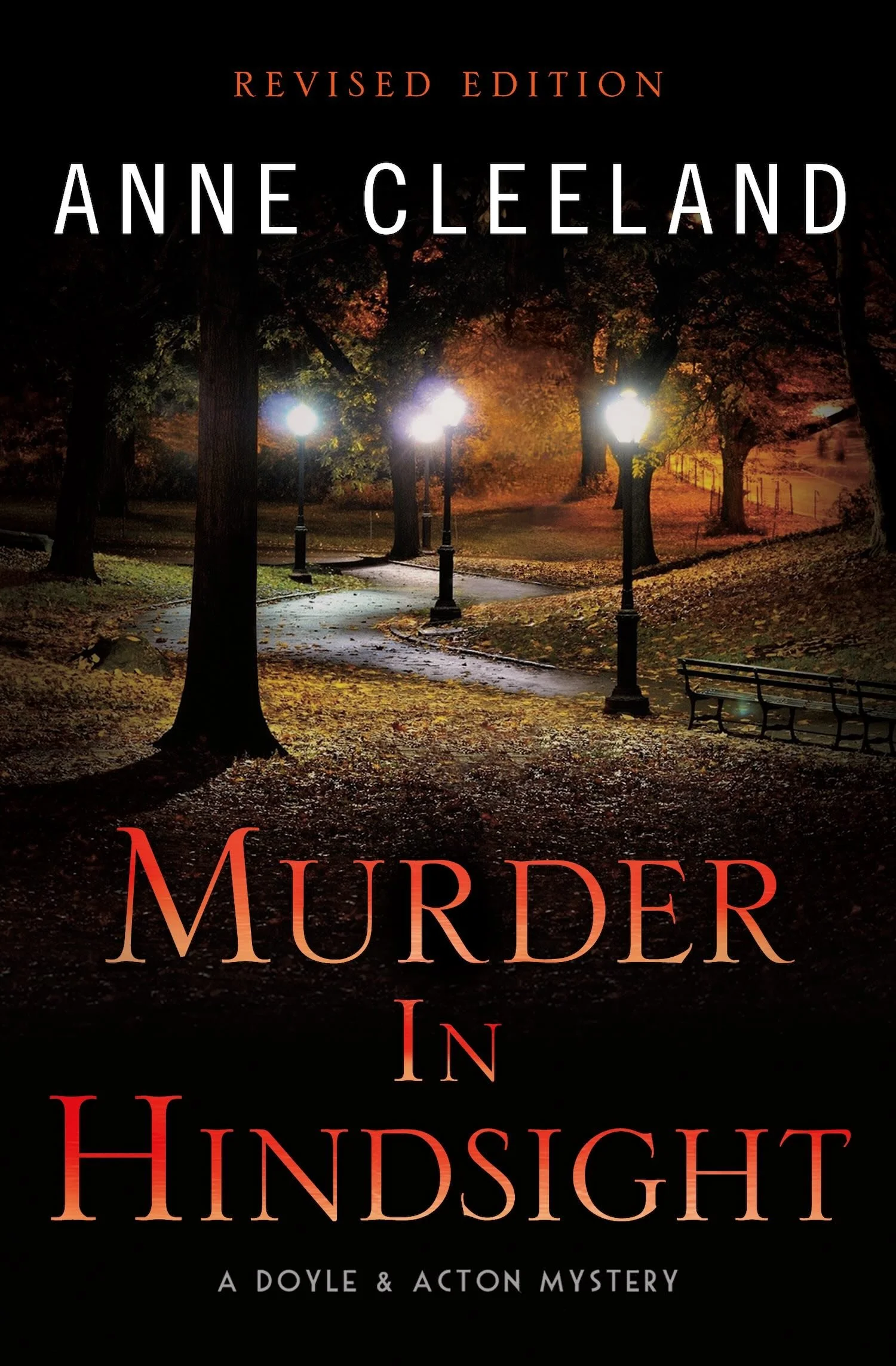 A book cover with a path through a park lit by lanterns